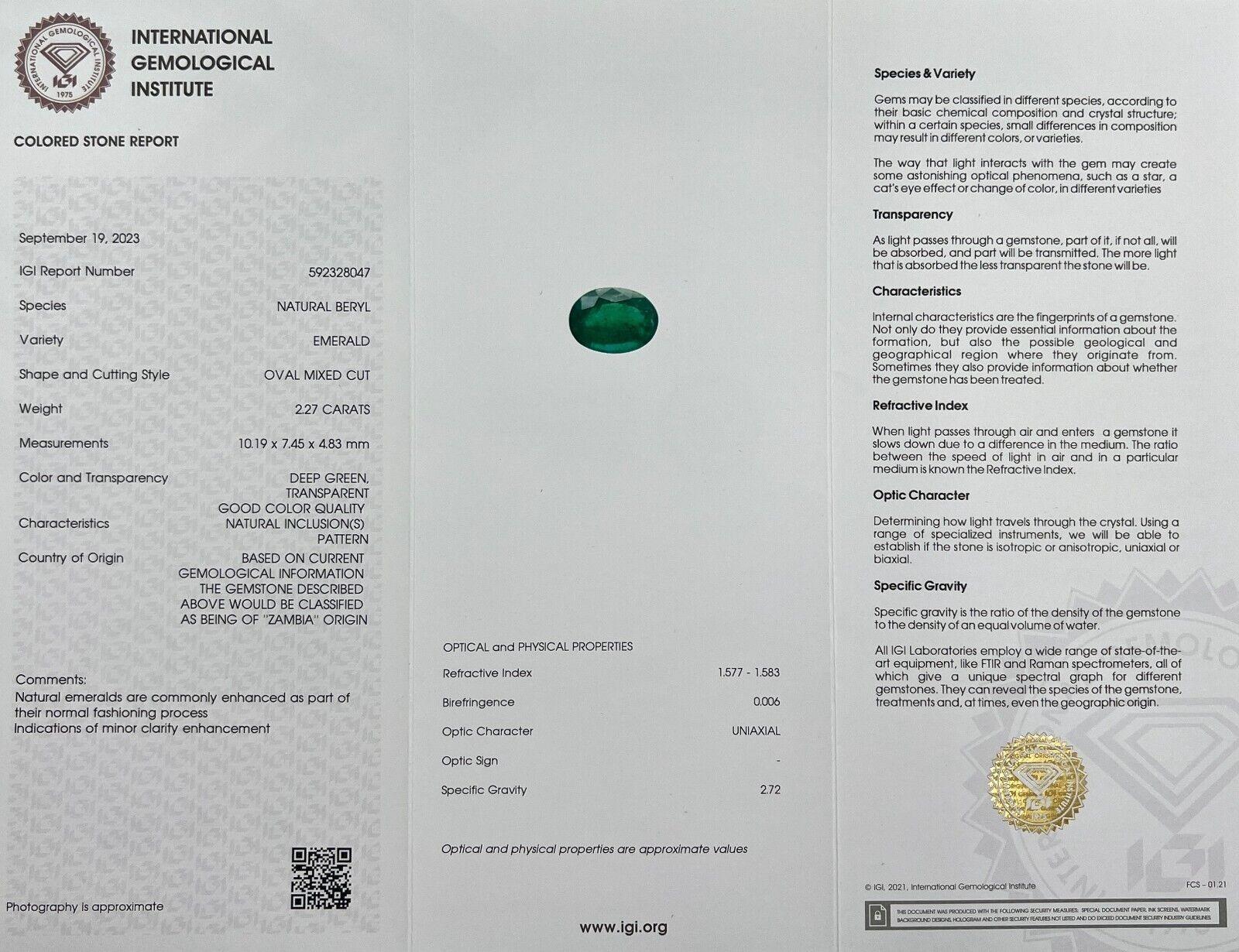 Femenino o masculino Gema Suelta Esmeralda Natural Verde Profundo Tallada Ovalada Aceite Menor Certificada IGI 2,27Ct en venta