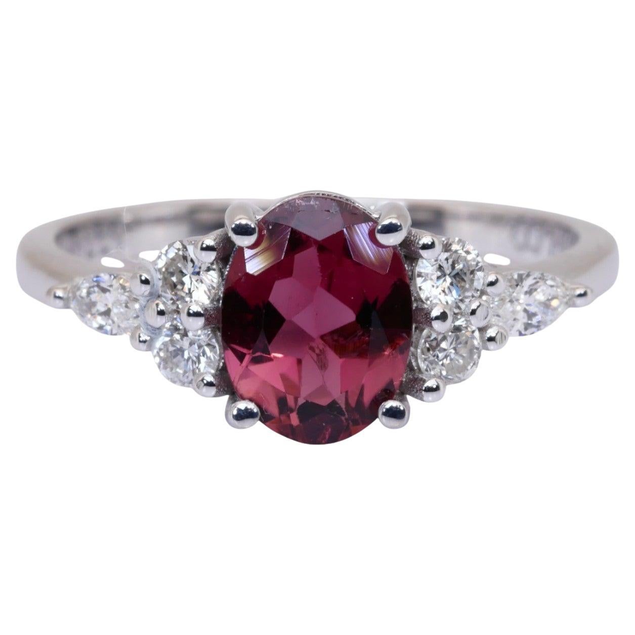 Anillo de 7 piedras de oro blanco de 18 quilates con rubelita y diamantes, certificado IGI, de 2,27 quilates