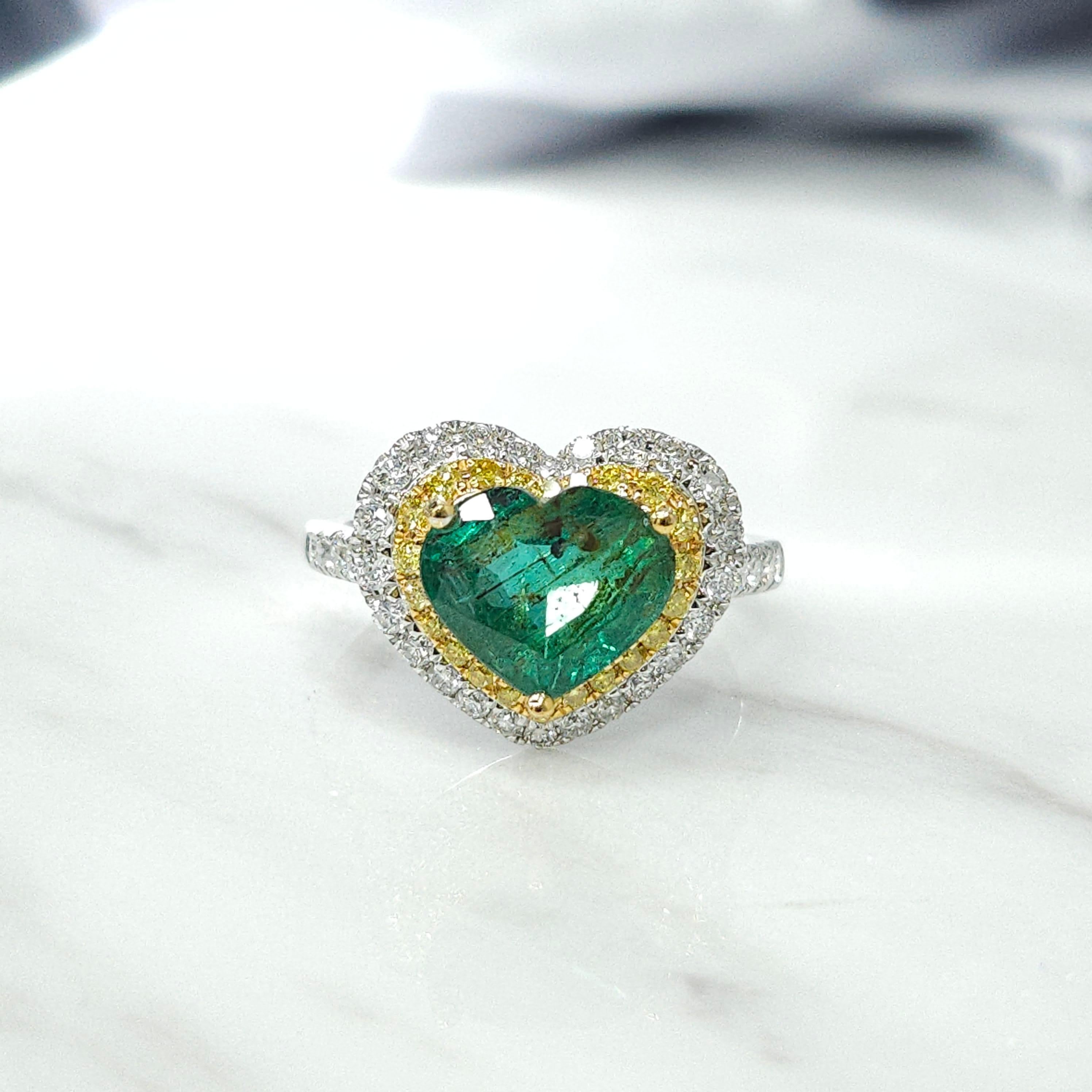 Emerald Cut IGI certified 2.28 Carat Natural Emerald & 0.59 Carat Diamond Ring For Sale