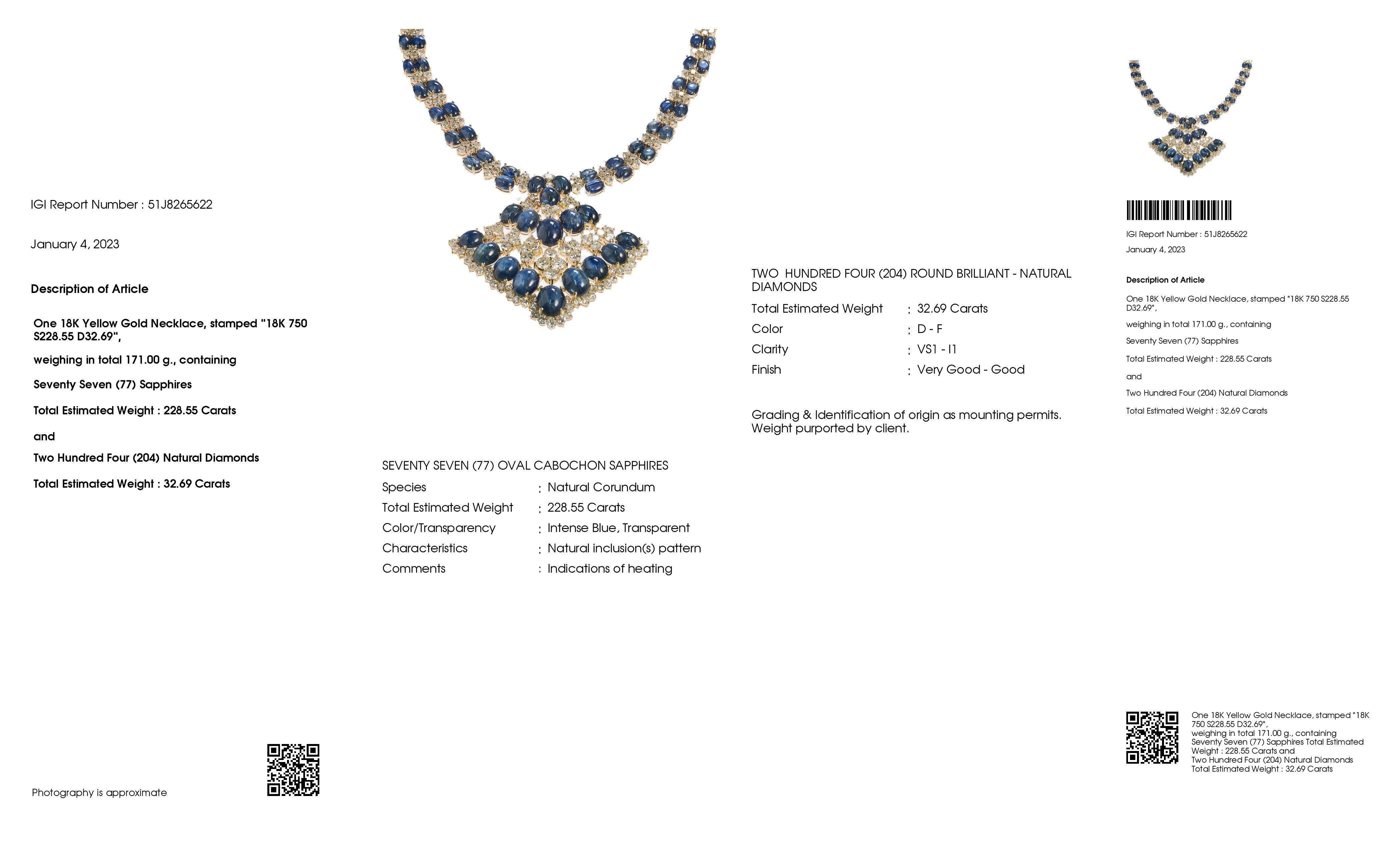 Donna Collana in oro con zaffiri naturali certificati IGI 228,55ct e diamanti naturali 32,69ct in vendita