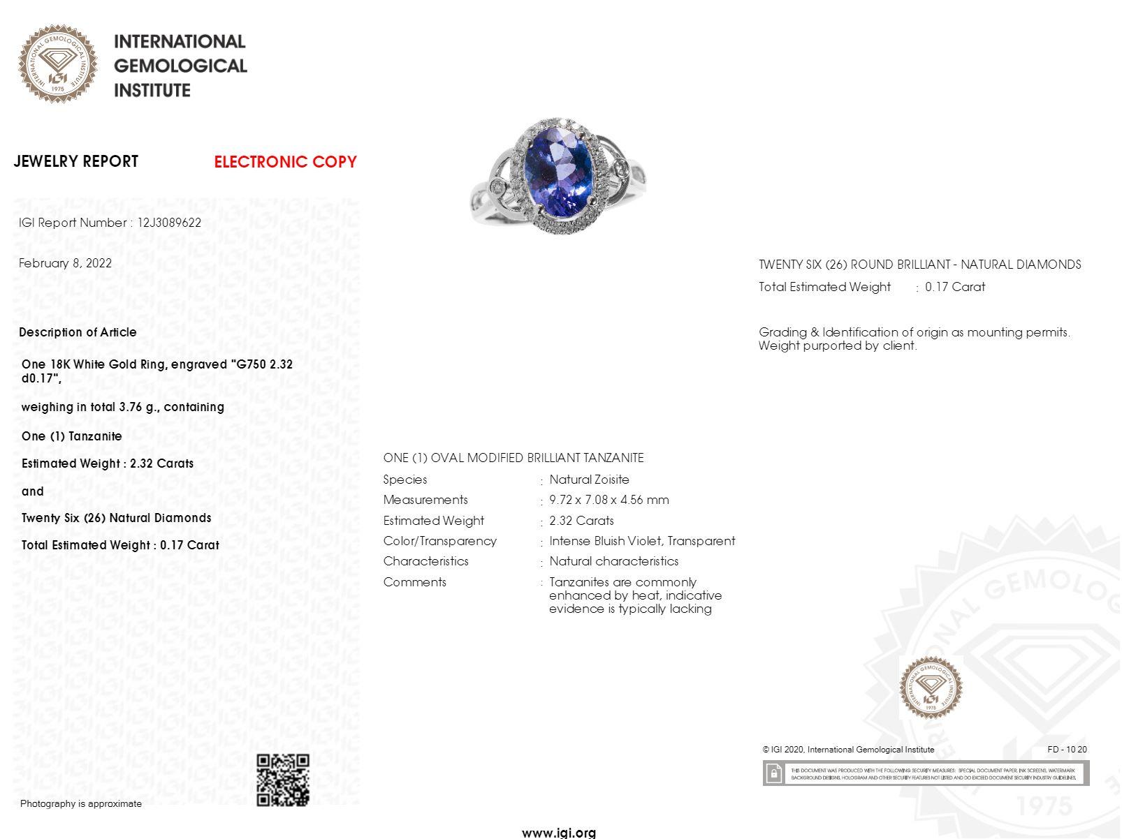 Taille ovale Bague en or blanc 18 carats certifiée IGI avec tanzanite et diamant de 2,32 carats en vente