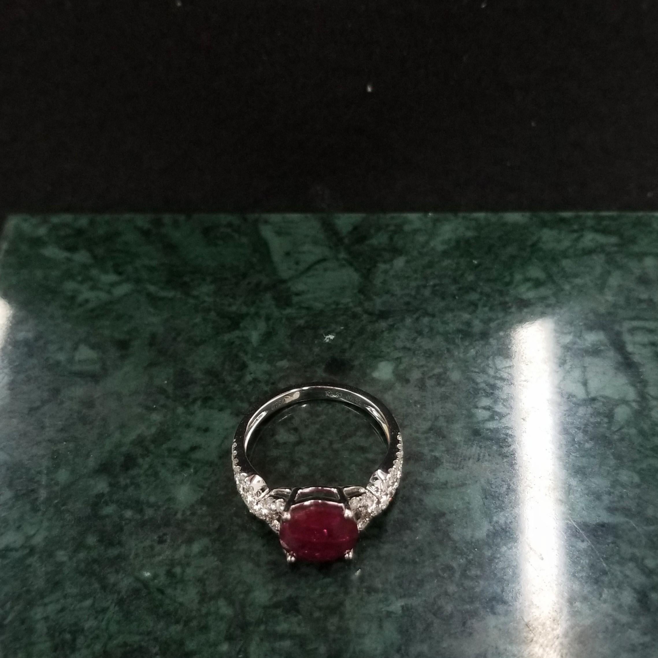 Women's IGI Certified 2.33 Carat Red Ruby & Diamond Ring in 18K White Gold For Sale