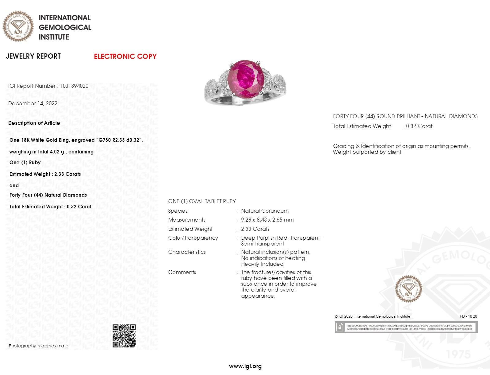 IGI Certified 2.33 Carat Red Ruby & Diamond Ring in 18K White Gold For Sale 2