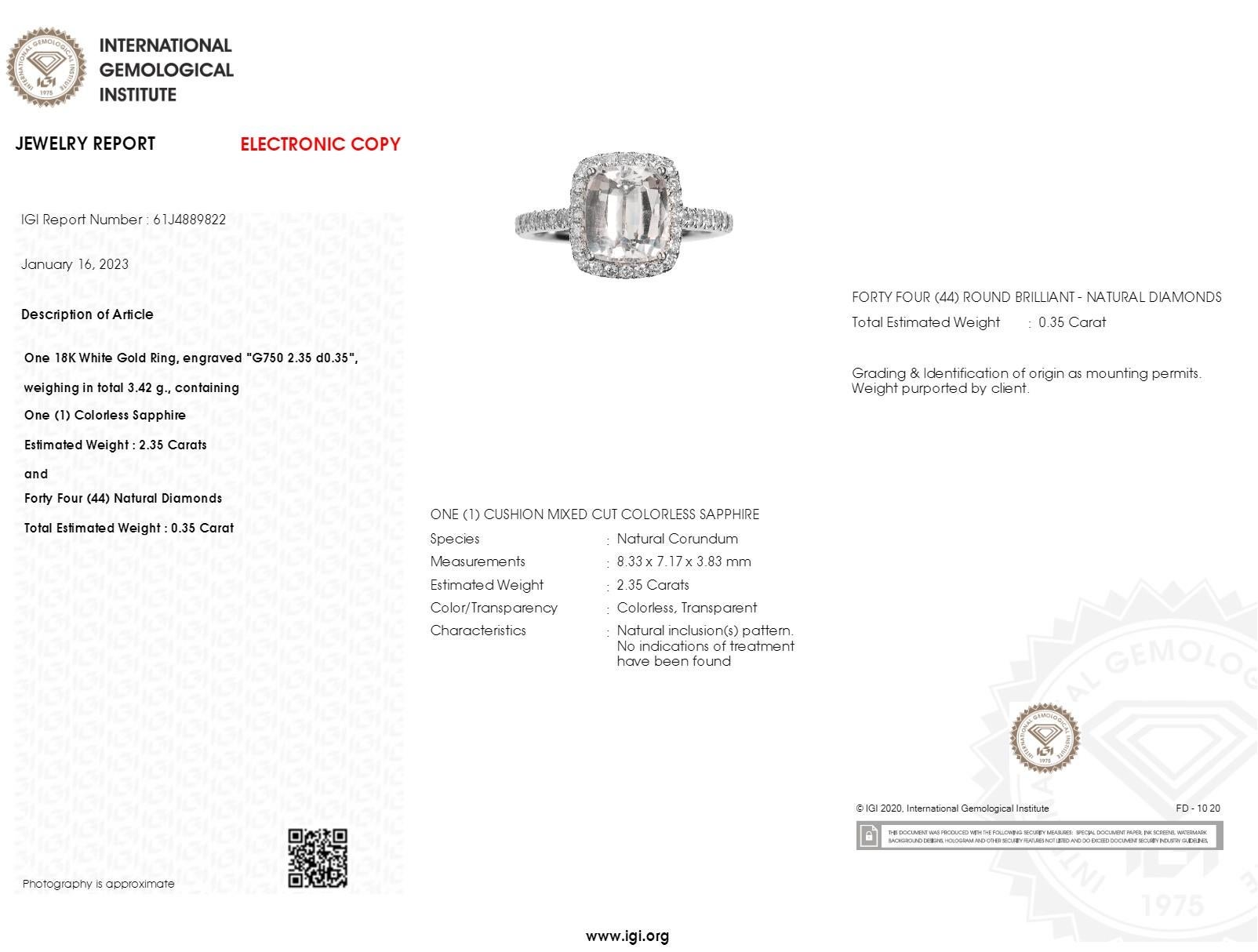 IGI Certified 2.35 Carat Unheated Sapphire & Diamond Ring in 18K WhiteGold For Sale 3