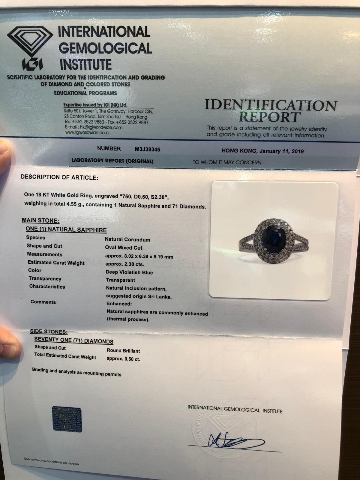 IGI Certified 2.38 Carat Blue Sapphire Ceylon Ring in 18K White Gold 6