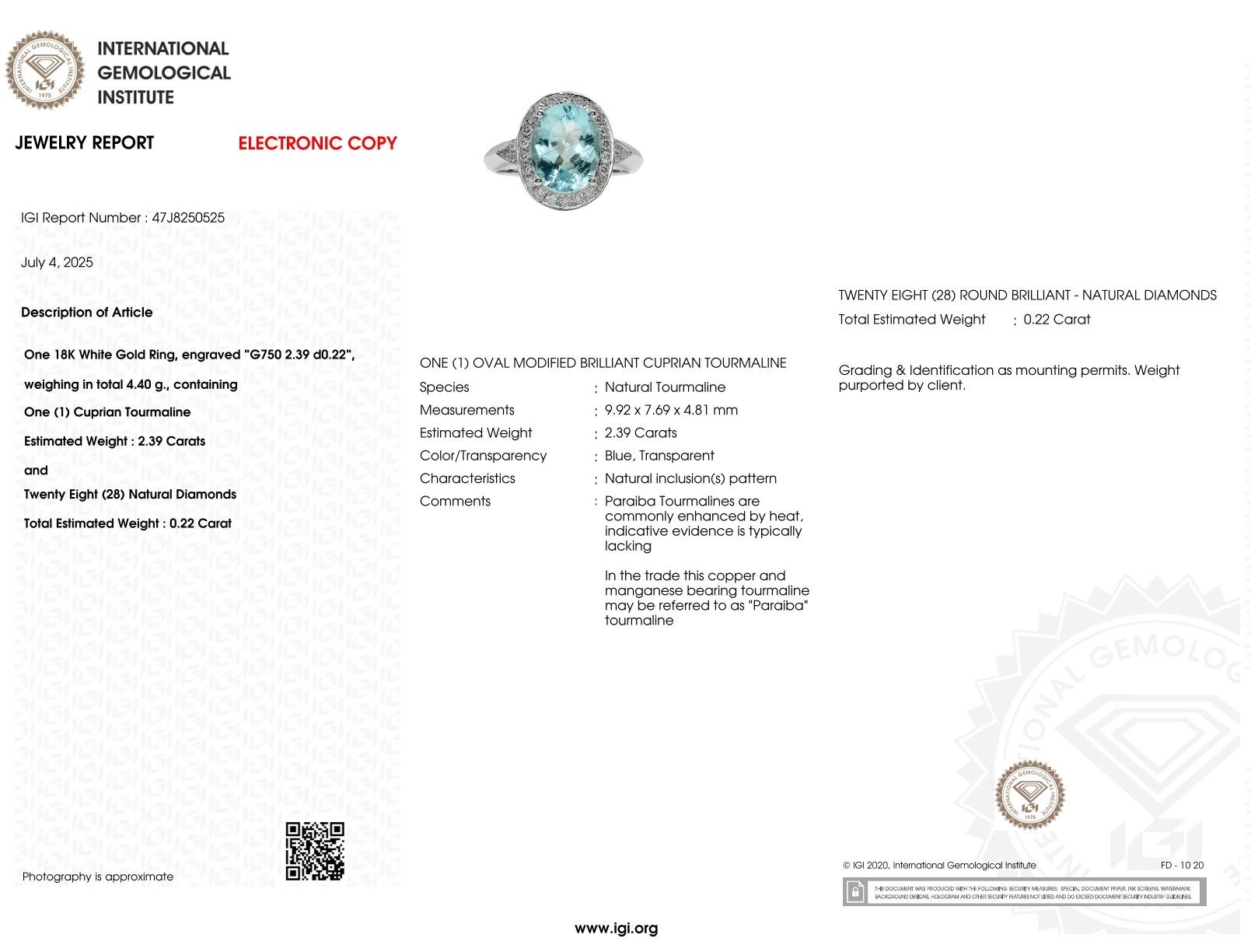 Anello con Paraiba e diamanti da 2,39 carati certificati IGI in oro bianco 18 carati in vendita 10