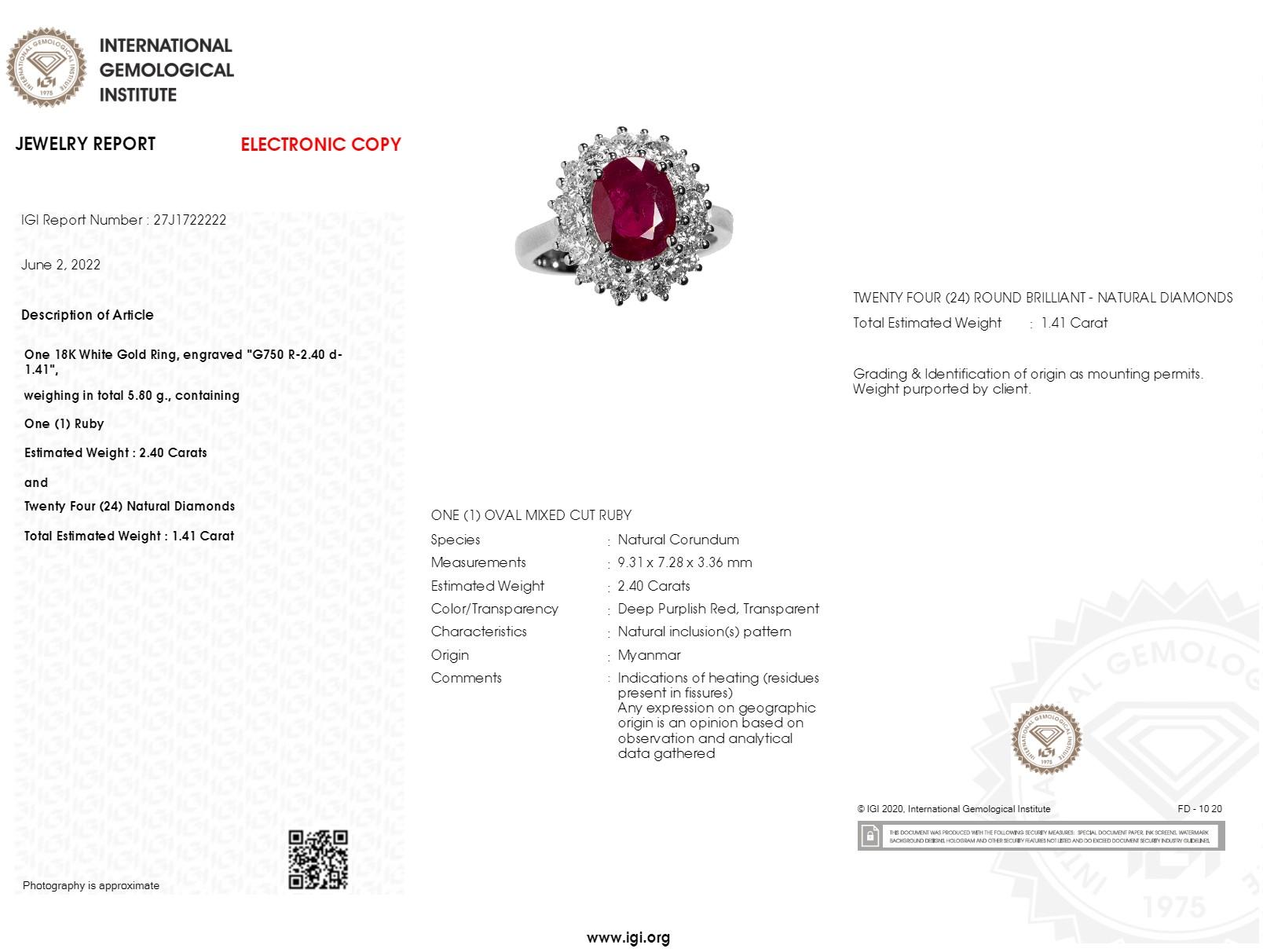 IGI Certified 2.40 Carat Burma Ruby & 1.41 Carat Diamond Ring in 18K White Gold For Sale 4
