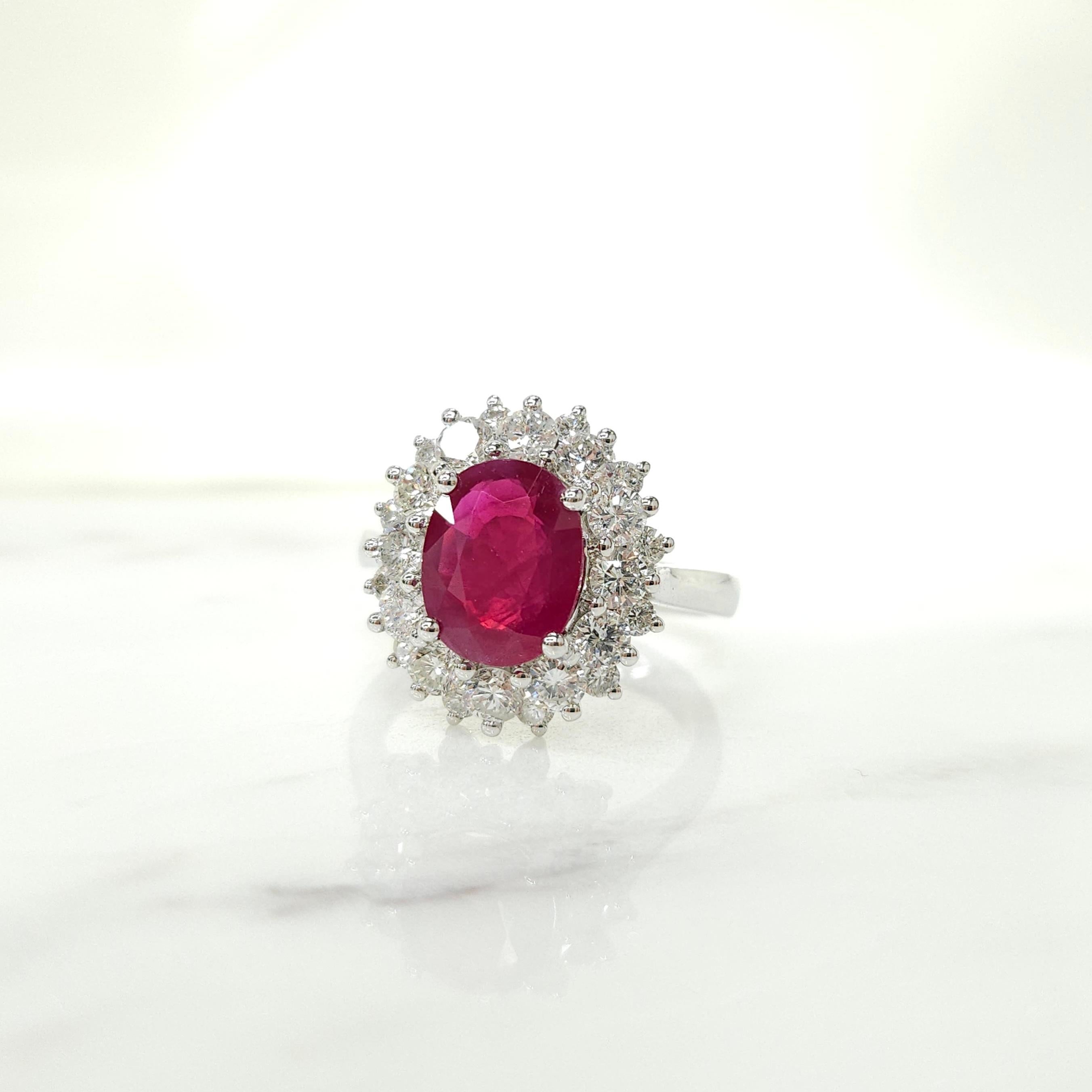 Women's IGI Certified 2.40 Carat Burma Ruby & 1.41 Carat Diamond Ring in 18K White Gold For Sale