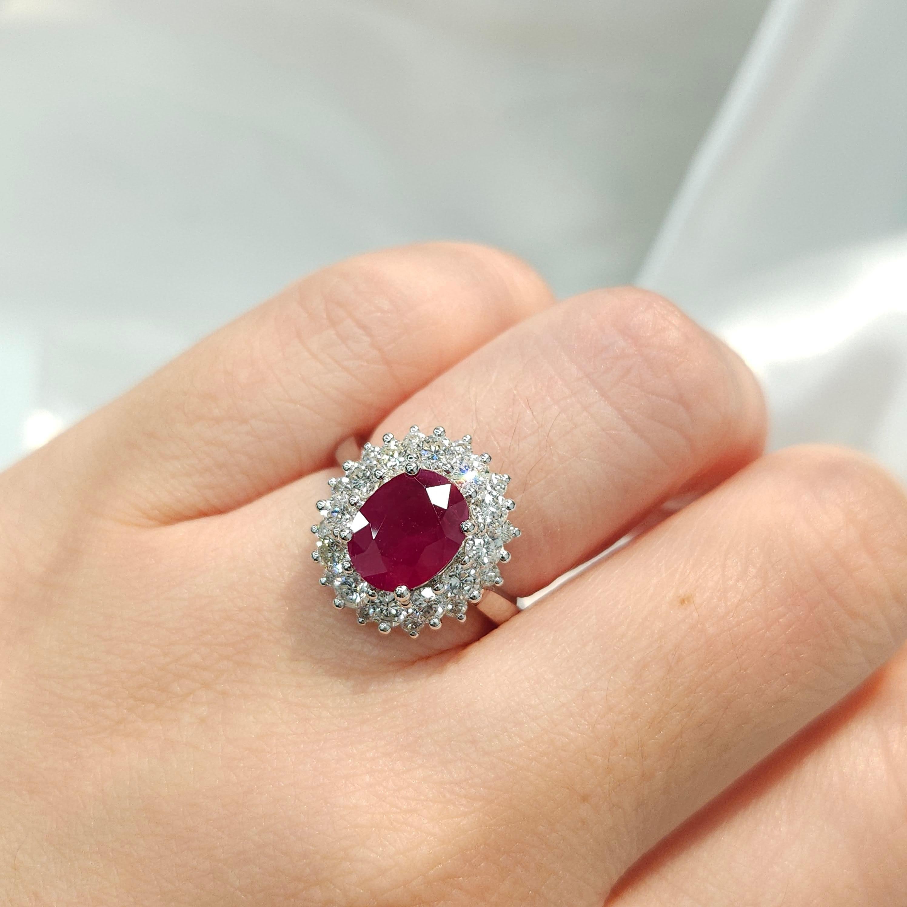 IGI Certified 2.40 Carat Burma Ruby & 1.41 Carat Diamond Ring in 18K White Gold For Sale 3