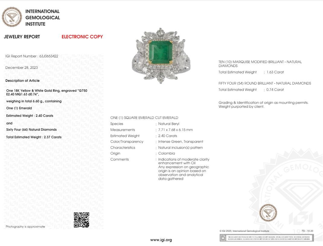 IGI certified 2.40 Carat Colombian Emerald & Diamond Ring  For Sale 6