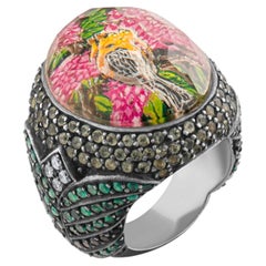 Esmeralda Natural Certificada IGI de 2,41 Quilates y Anillo de Diamantes con Motivo de Pájaro
