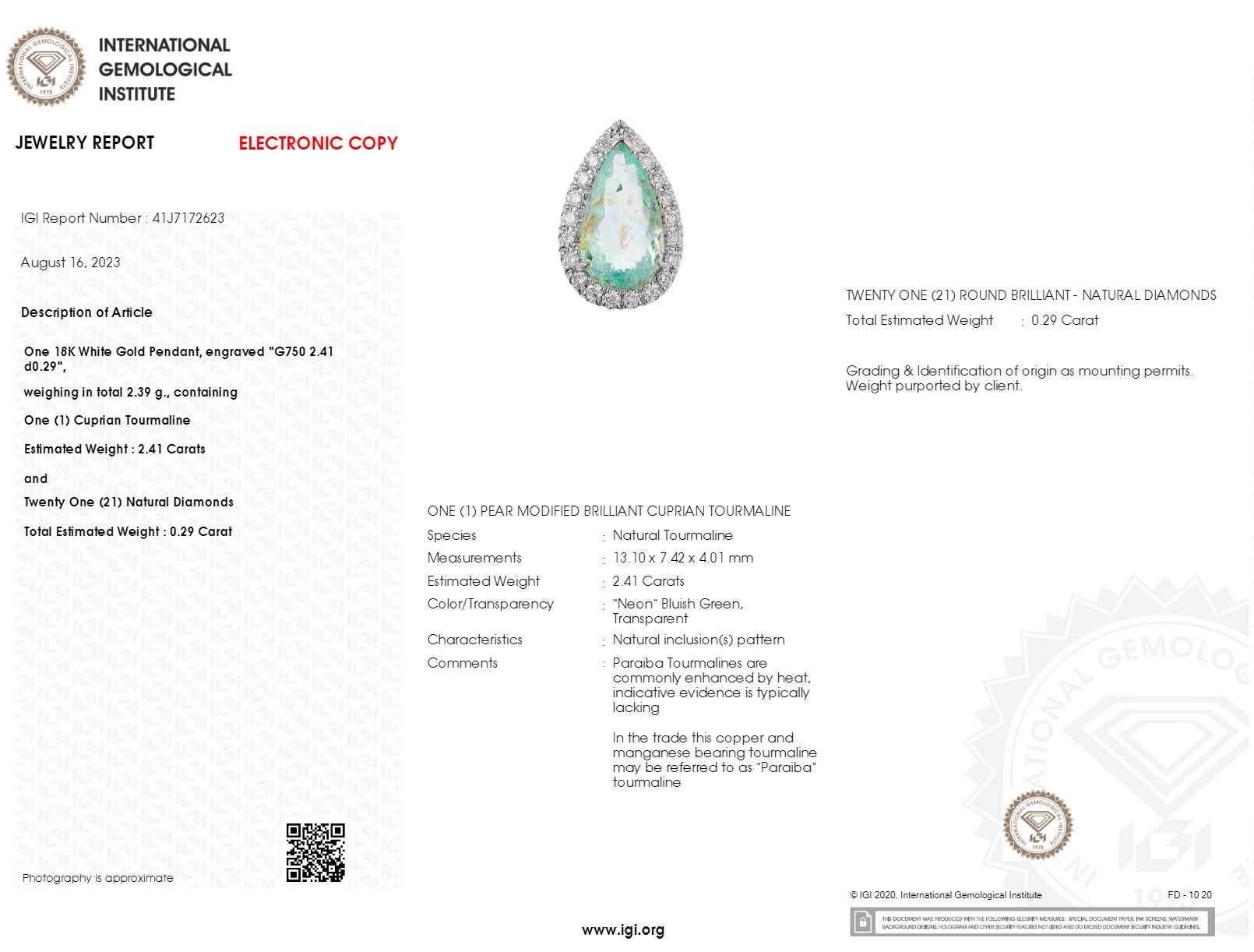 Moderno Paraiba e diamanti certificati IGI da 2,41 carati in oro bianco 18 carati in vendita