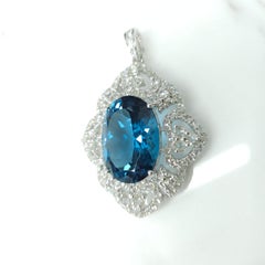 IGI Certified 24.10 Carat Blue Topaz & Diamond Pendant in 18K White Gold