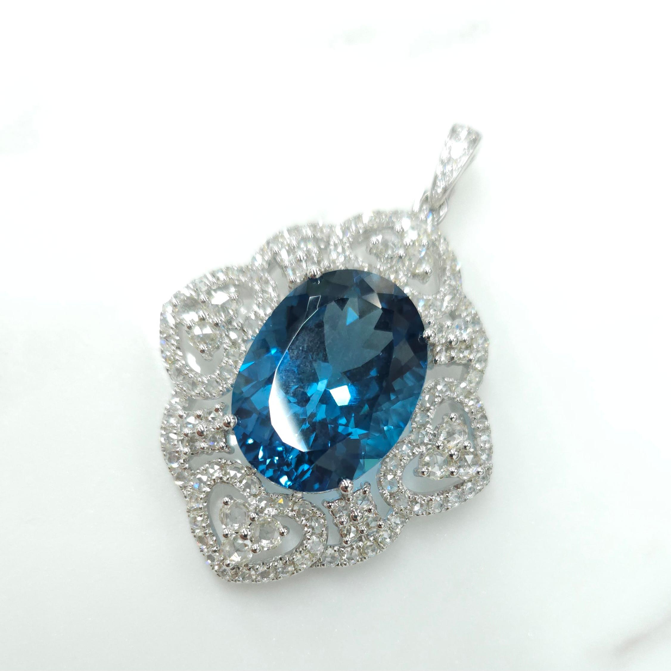 Modern IGI Certified 24.10 Carat Blue Topaz & Diamond Pendant in 18K White Gold For Sale
