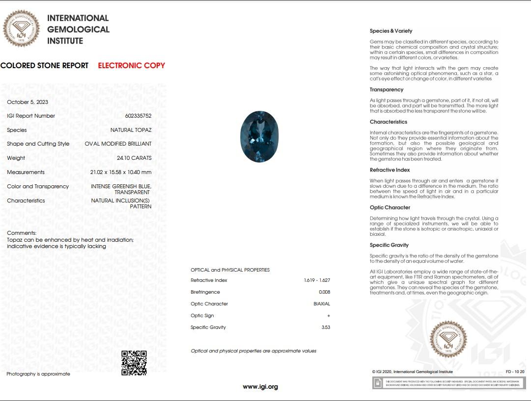 Women's IGI Certified 24.10 Carat Blue Topaz & Diamond Pendant in 18K White Gold For Sale