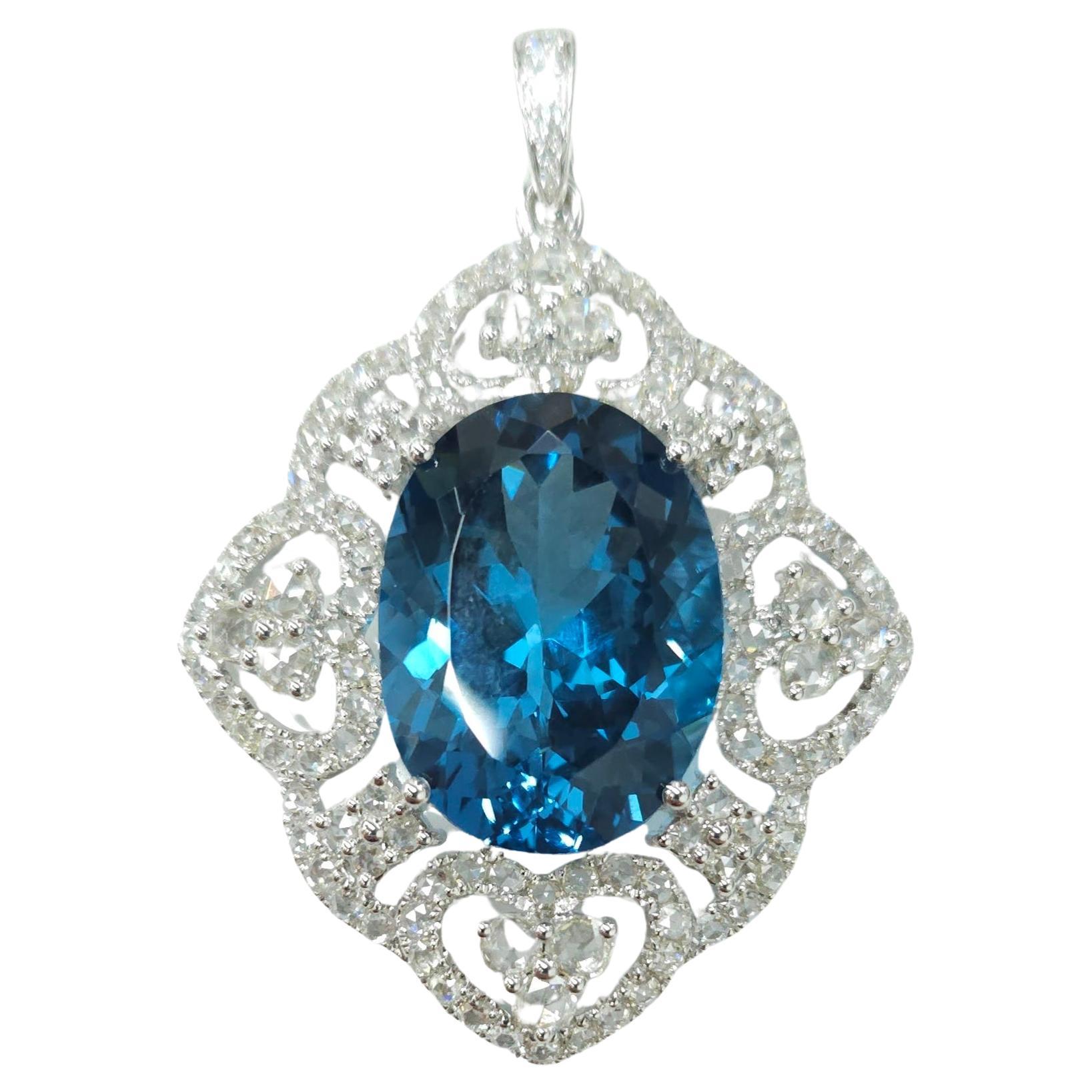 IGI Certified 24.10 Carat Blue Topaz & Diamond Pendant in 18K White Gold For Sale