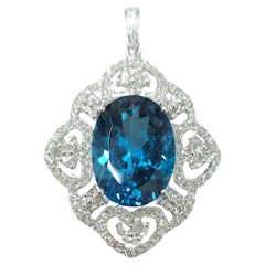 IGI Certified 24.10 Carat Blue Topaz & Diamond Pendant in 18K White Gold