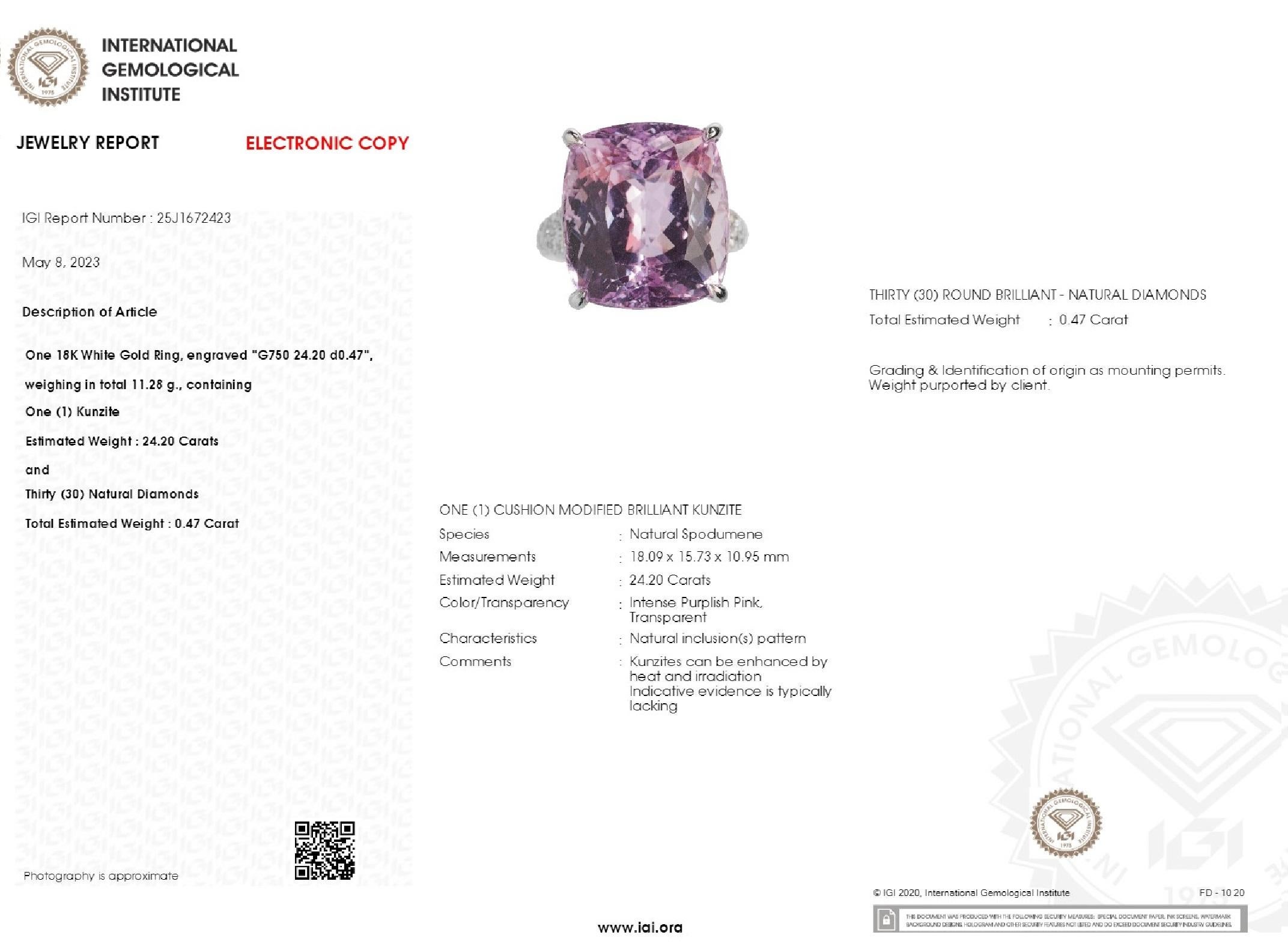 IGI Certified 24.20 Carat Kunzite & Diamond Ring in 18K White Gold For Sale 3