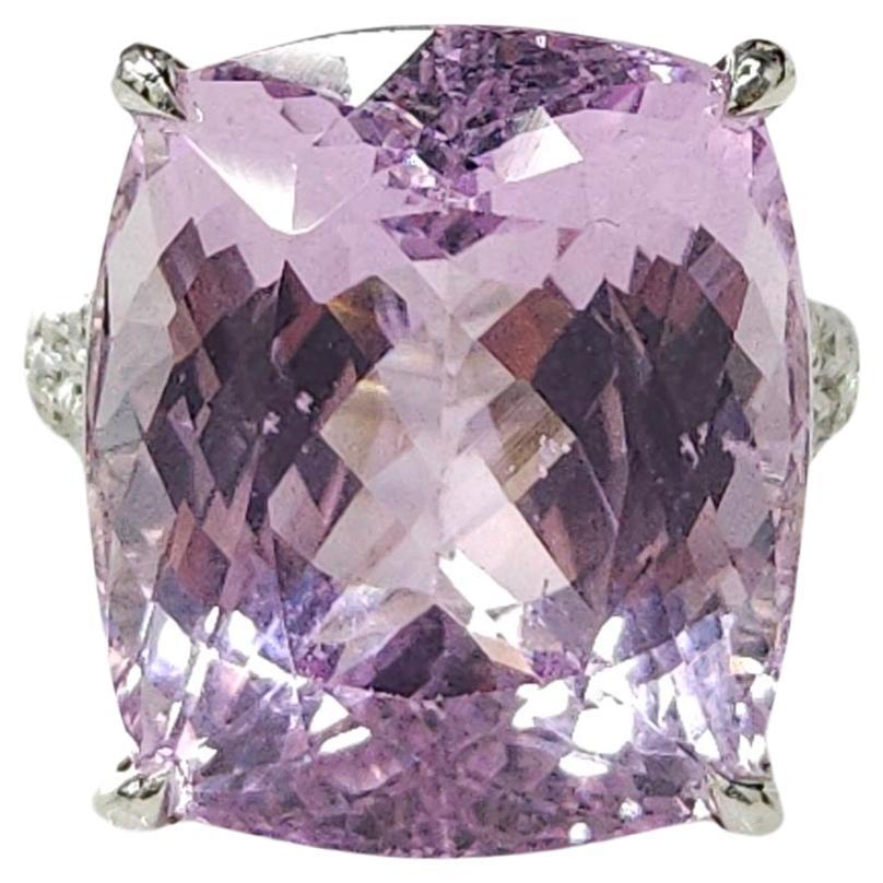 IGI Certified 24.20 Carat Kunzite & Diamond Ring in 18K White Gold For Sale