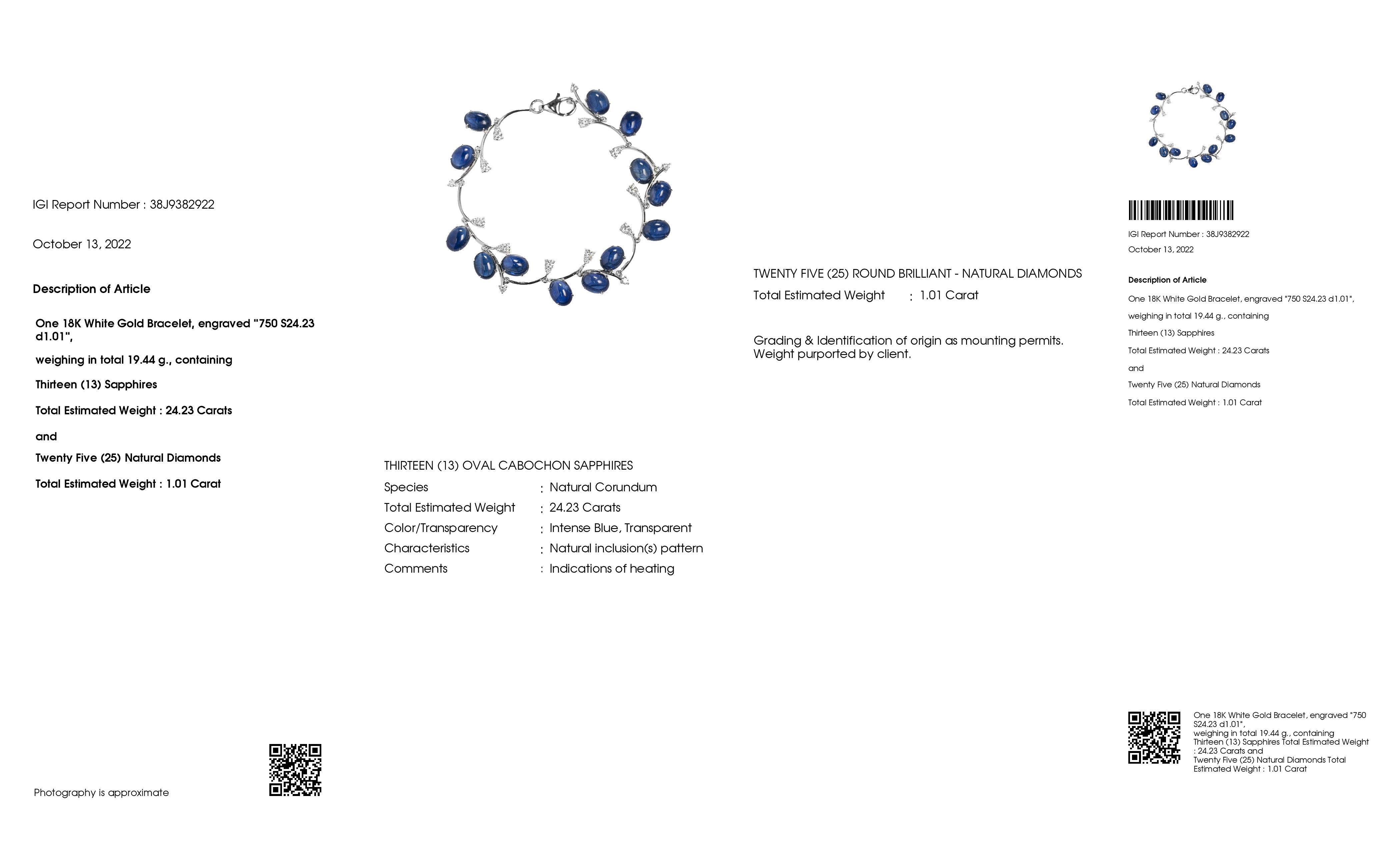 Women's IGI Certified 24.23ct Natural Sapphires 1.01ct Natural Diamonds Gold Bracelet For Sale