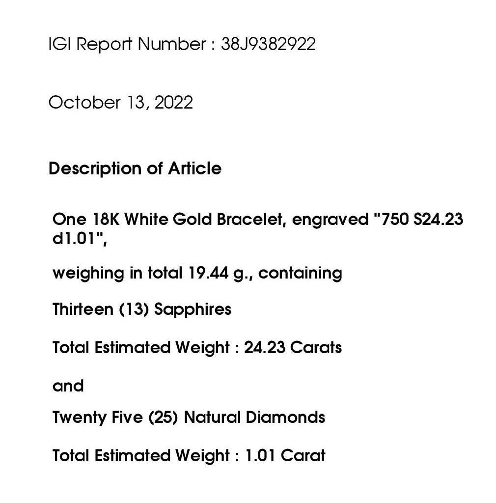 IGI Certified 24.23ct Natural Sapphires 1.01ct Natural Diamonds Gold Bracelet For Sale 4