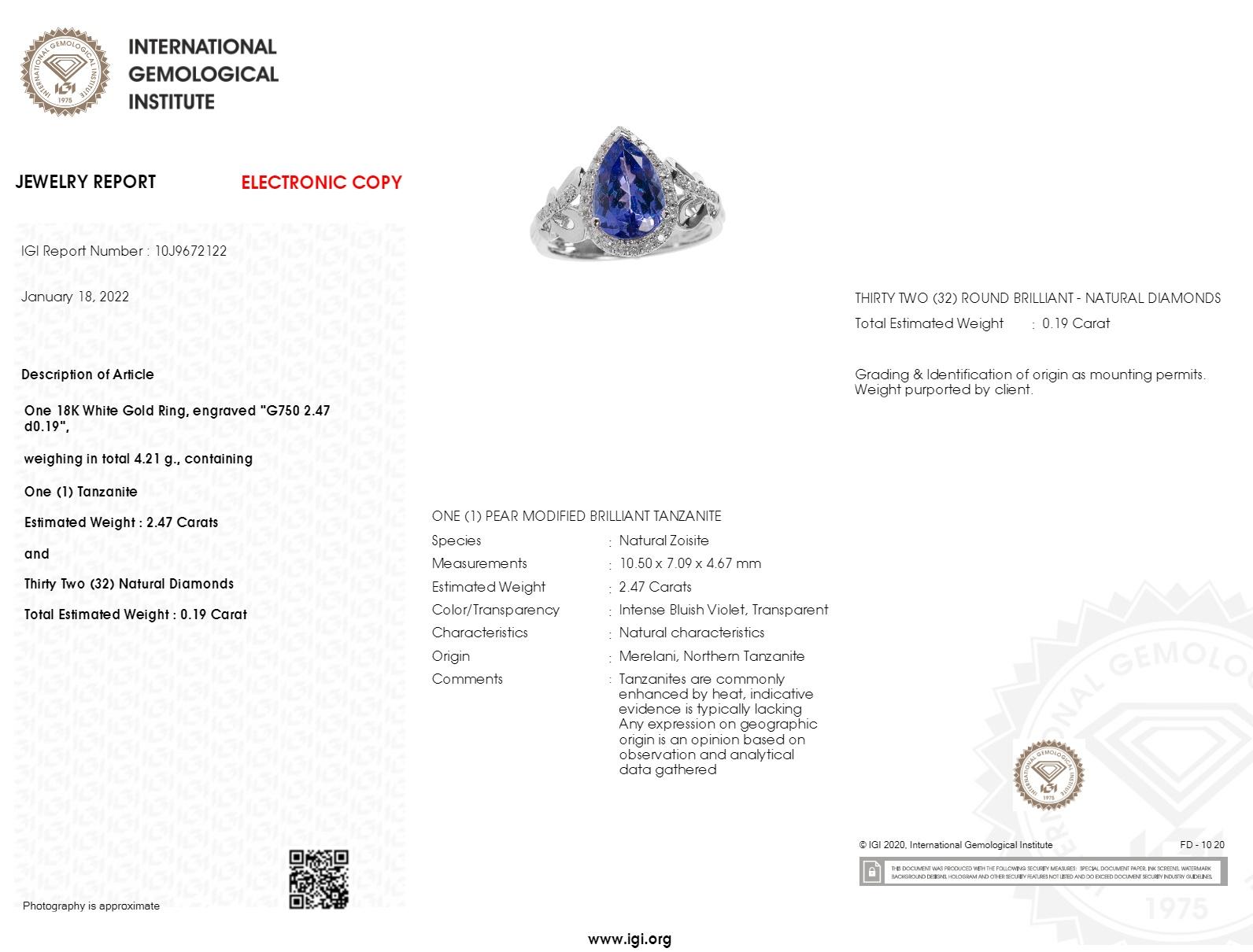 IGI Certified 2.47 Carat Tanzanite & Diamond Ring in 18K White Gold For Sale 7