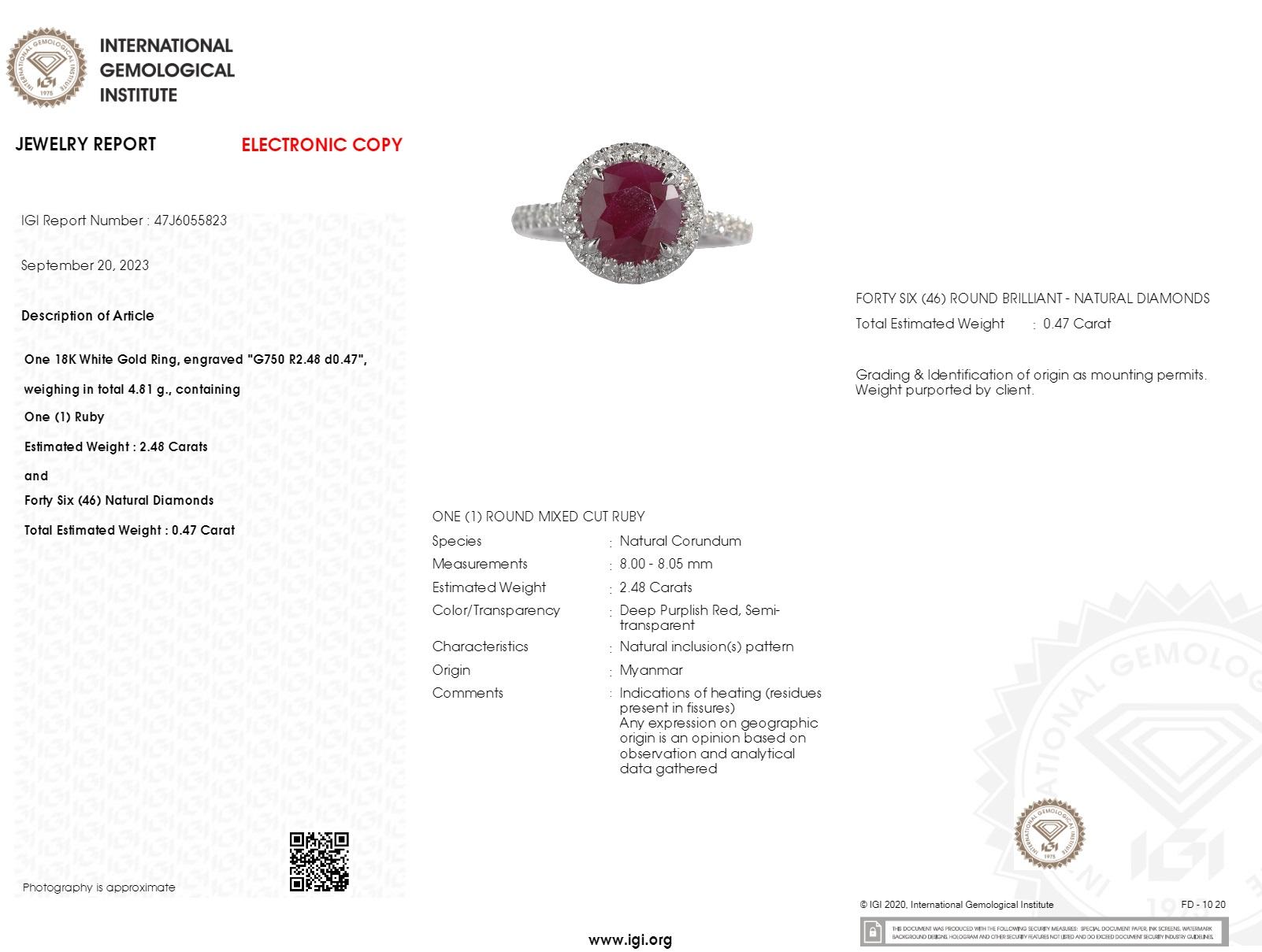 IGI Certified 2.48 Carat Burma Ruby & Diamond Ring in 18K White Gold For Sale 1