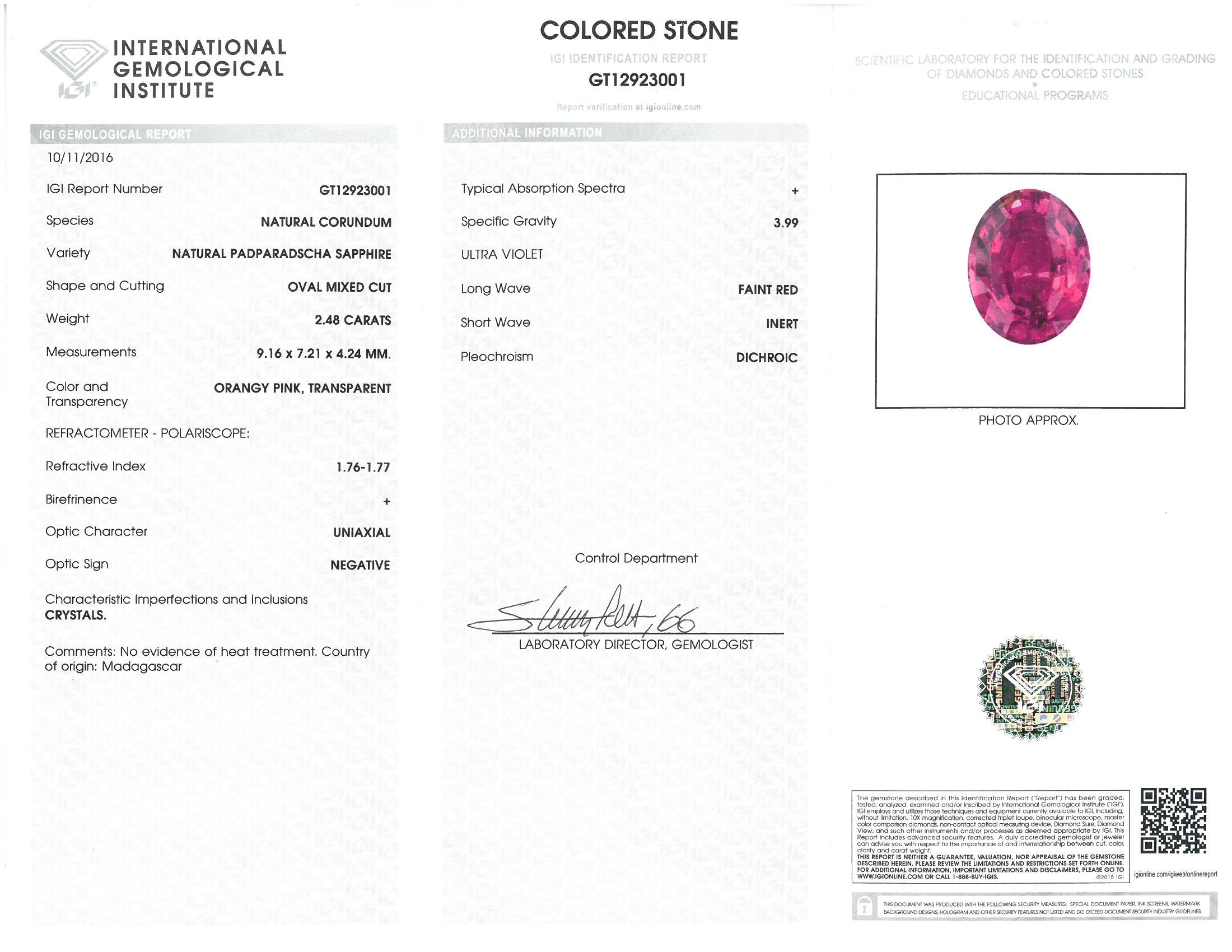 Women's IGI Certified 2.48 Carat Natural/No Heat Padparadscha Sapphire Ring in Platinum