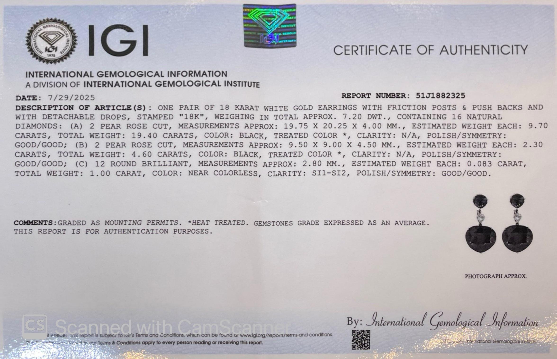 Pendientes de gota de oro blanco de 18 quilates con certificado IGI de 25 quilates de diamante negro natural en venta 8