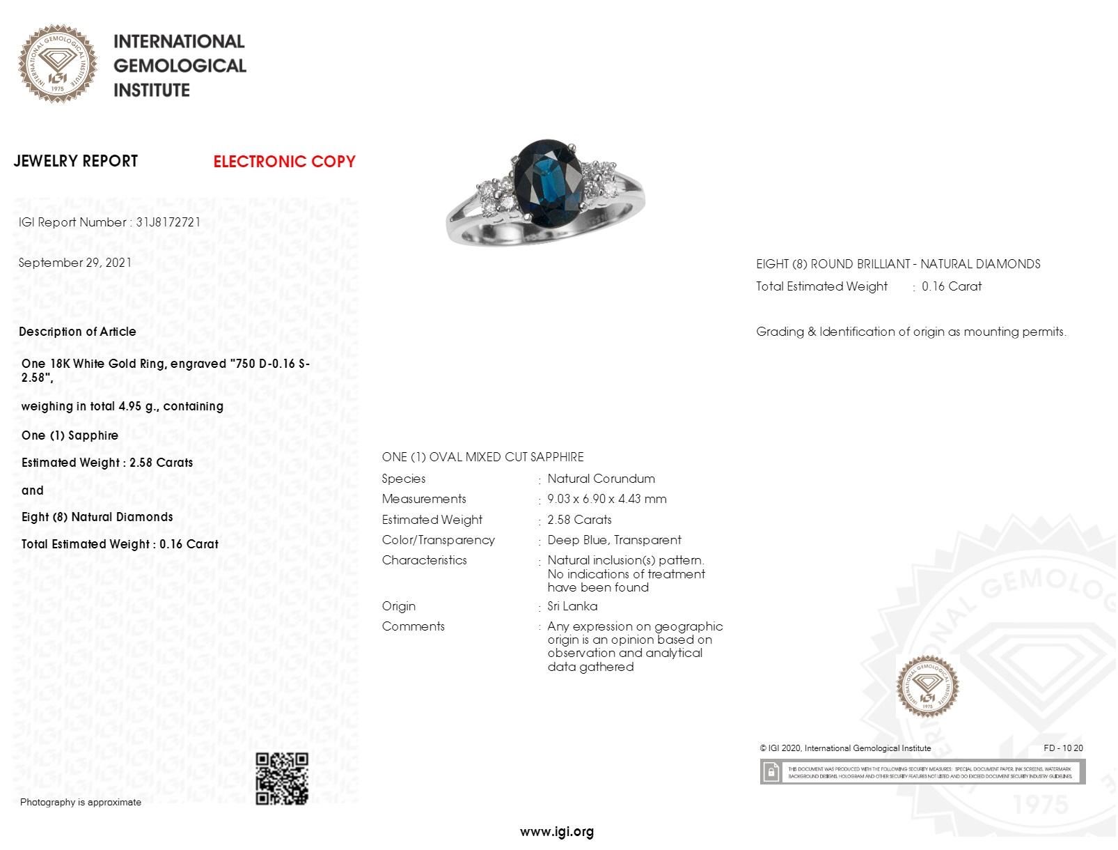 IGI Certified 2.58 Carat No Heat Blue Sapphire Ceylon Ring in 18K White Gold For Sale 3