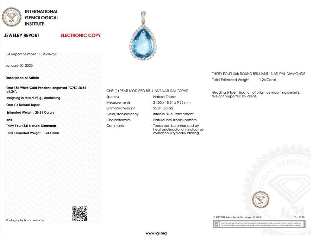 Taille poire Topaze et diamant certifiés IGI de 25,81 carats en or blanc 18 carats en vente