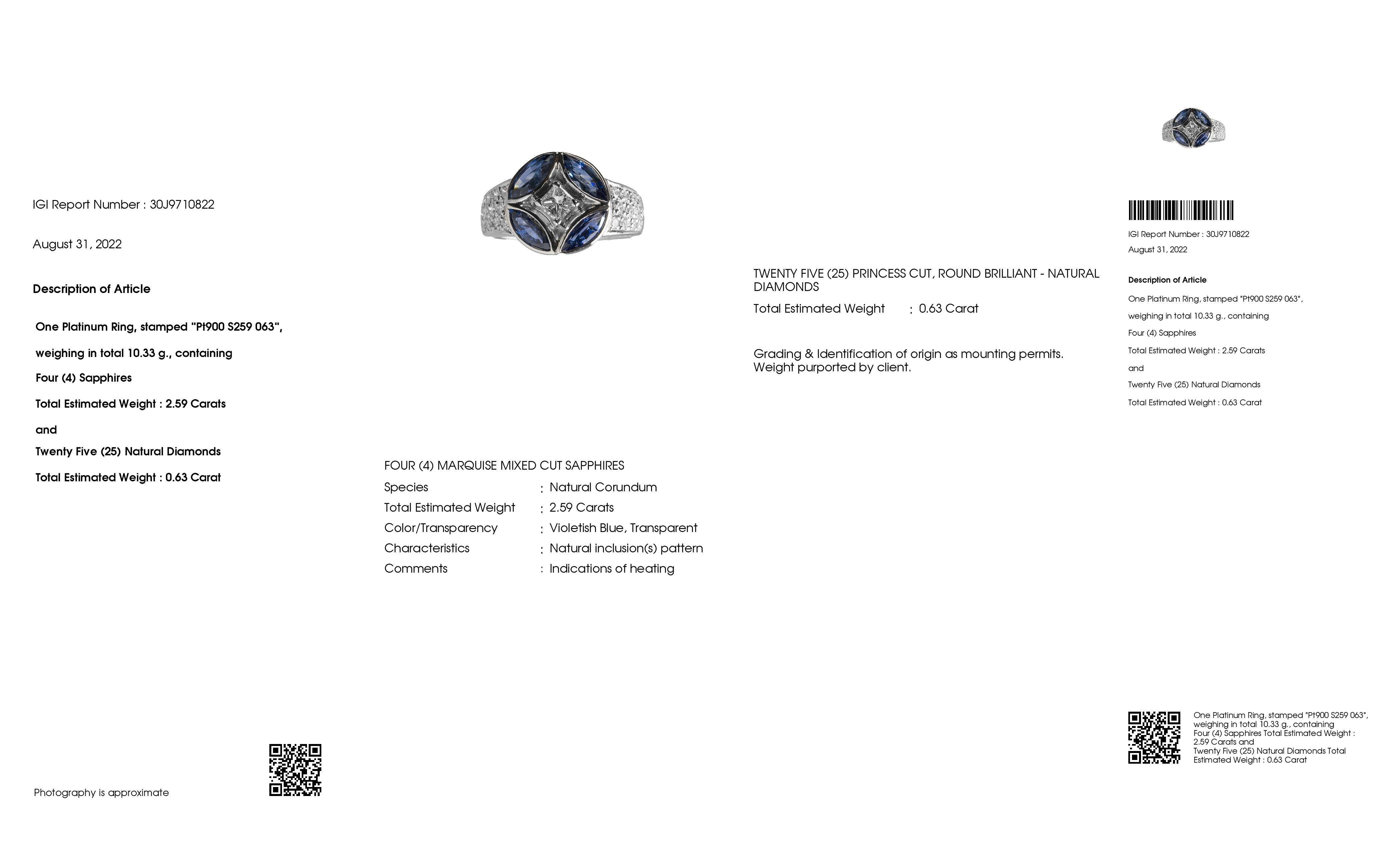 IGI Certified 2.59ct Natural Sapphires and 0.63ct Natural Diamonds Platinum Ring In New Condition In Hong Kong, HK