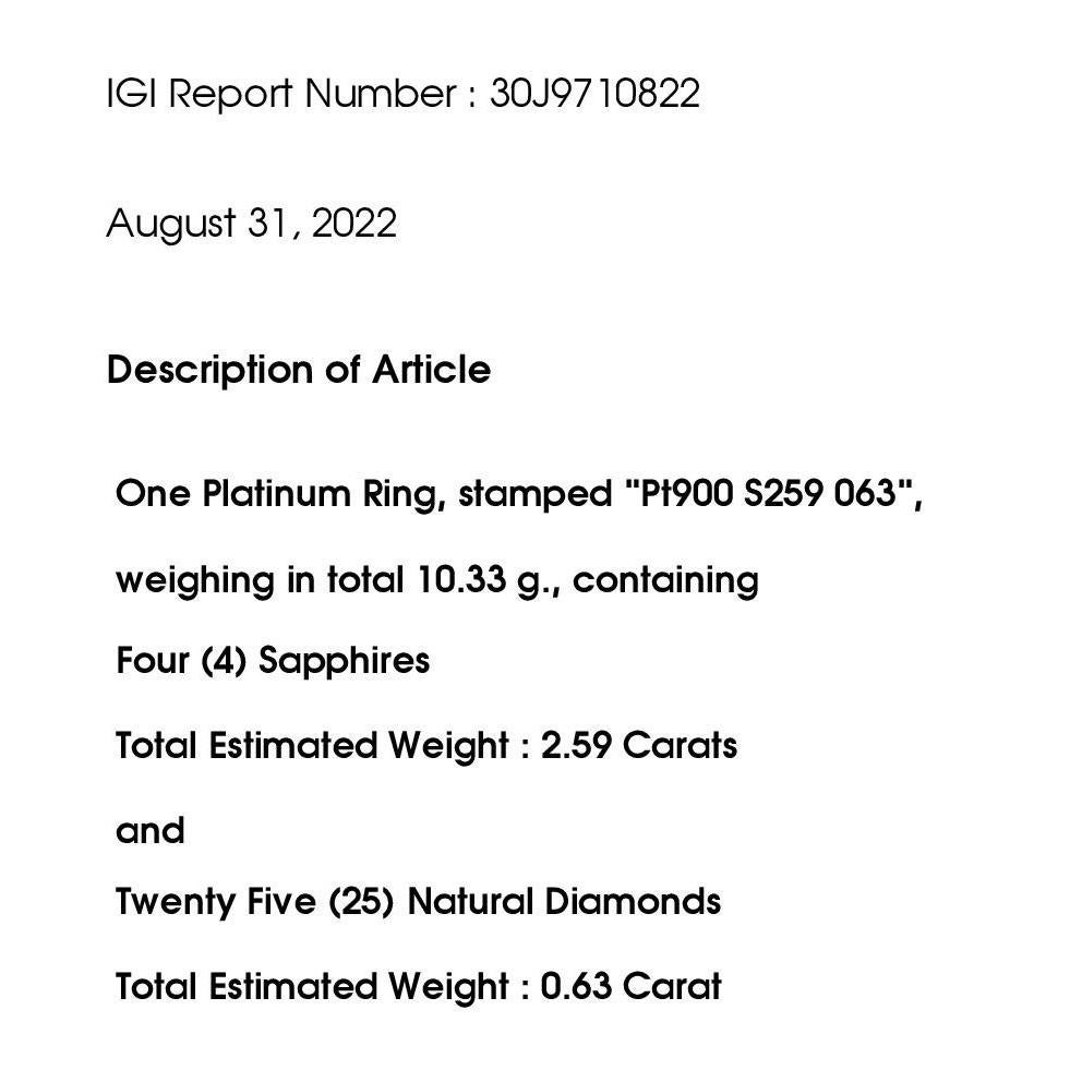 IGI Certified 2.59ct Natural Sapphires and 0.63ct Natural Diamonds Platinum Ring 4