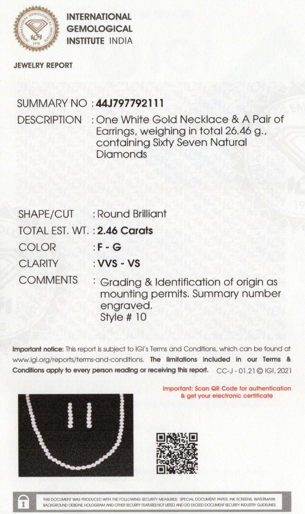 IGI Certified 2.5ct Natural Diamond F-VVS 14K Gold Tennis Necklace Earring Set For Sale 3