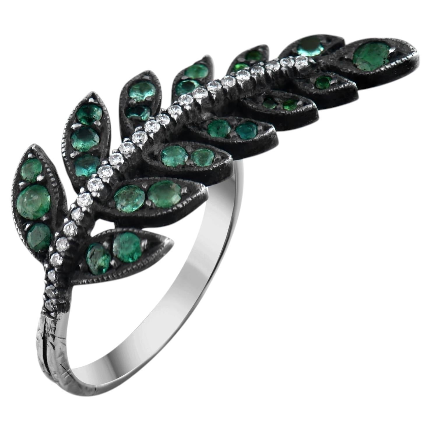 IGI Certified 2.60 Carat Diamond and Emerald Leaf Motif Ring 8K Gold