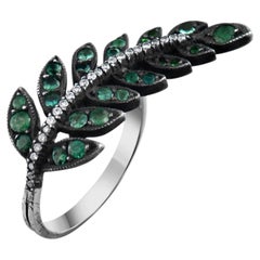 IGI Certified 2.60 Carat Diamond and Emerald Leaf Motif Ring 8K Gold