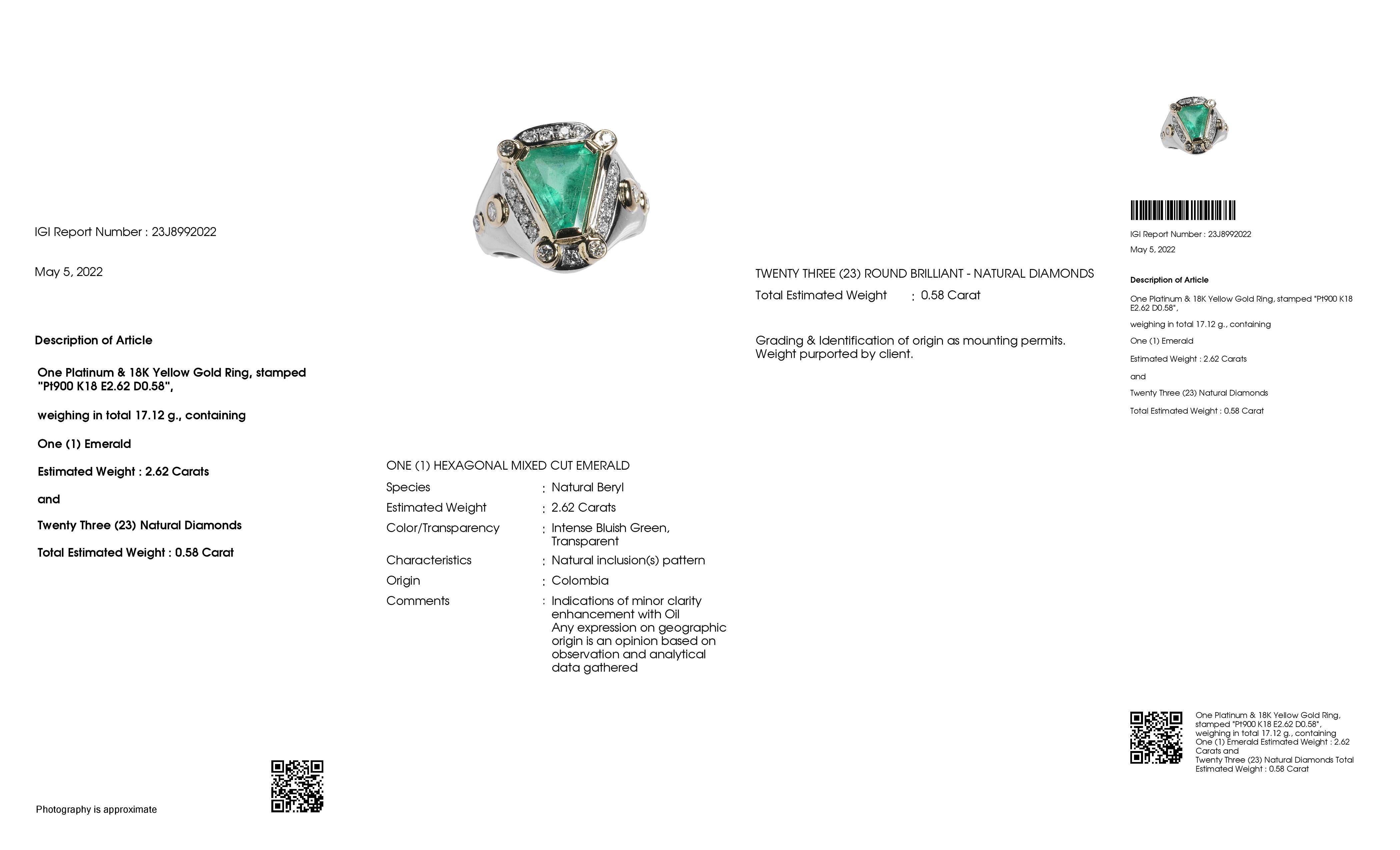IGI Certified 2.62ct Colombia Emerald 0.58ct Natural Diamond Gold &Platinum Ring In New Condition In Hong Kong, HK