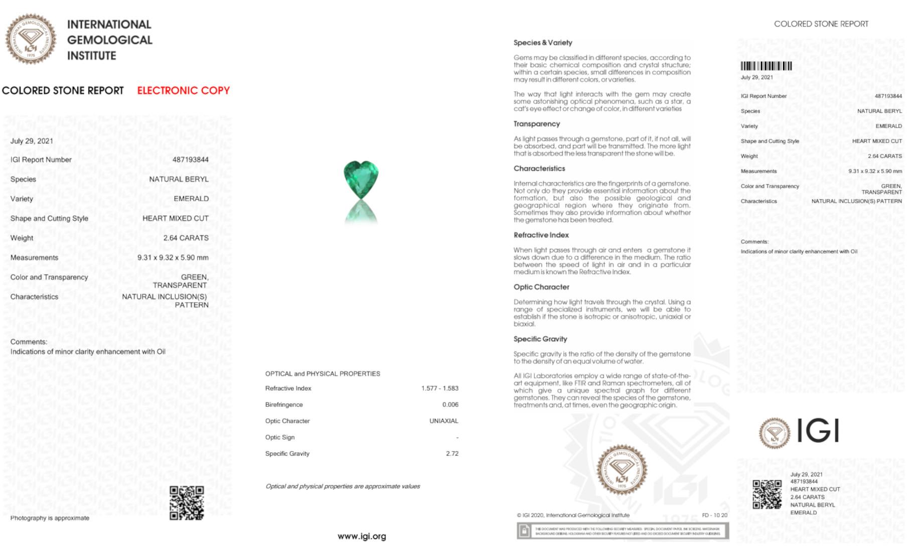 Modern IGI Certified 2.64 Carat Minor Oil Heart Shape Green Emerald Diamond Ring