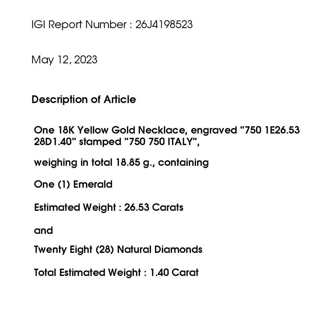 IGI Certified 26.53ct Colombia Emerald and 1.40ct Natural Diamonds Gold Necklace For Sale 3
