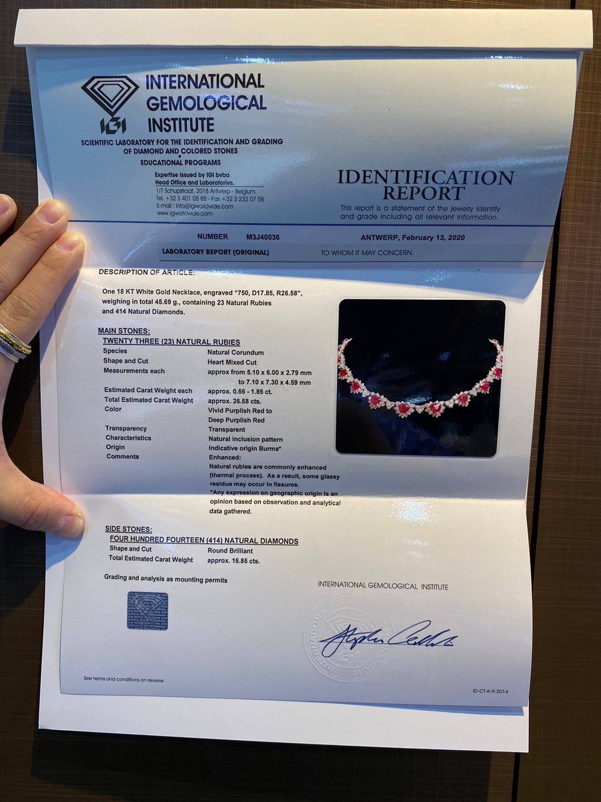IGI Certified 26.58 Carat Burma Ruby & 18.85 Carat Diamond Necklace in 18K Gold For Sale 12