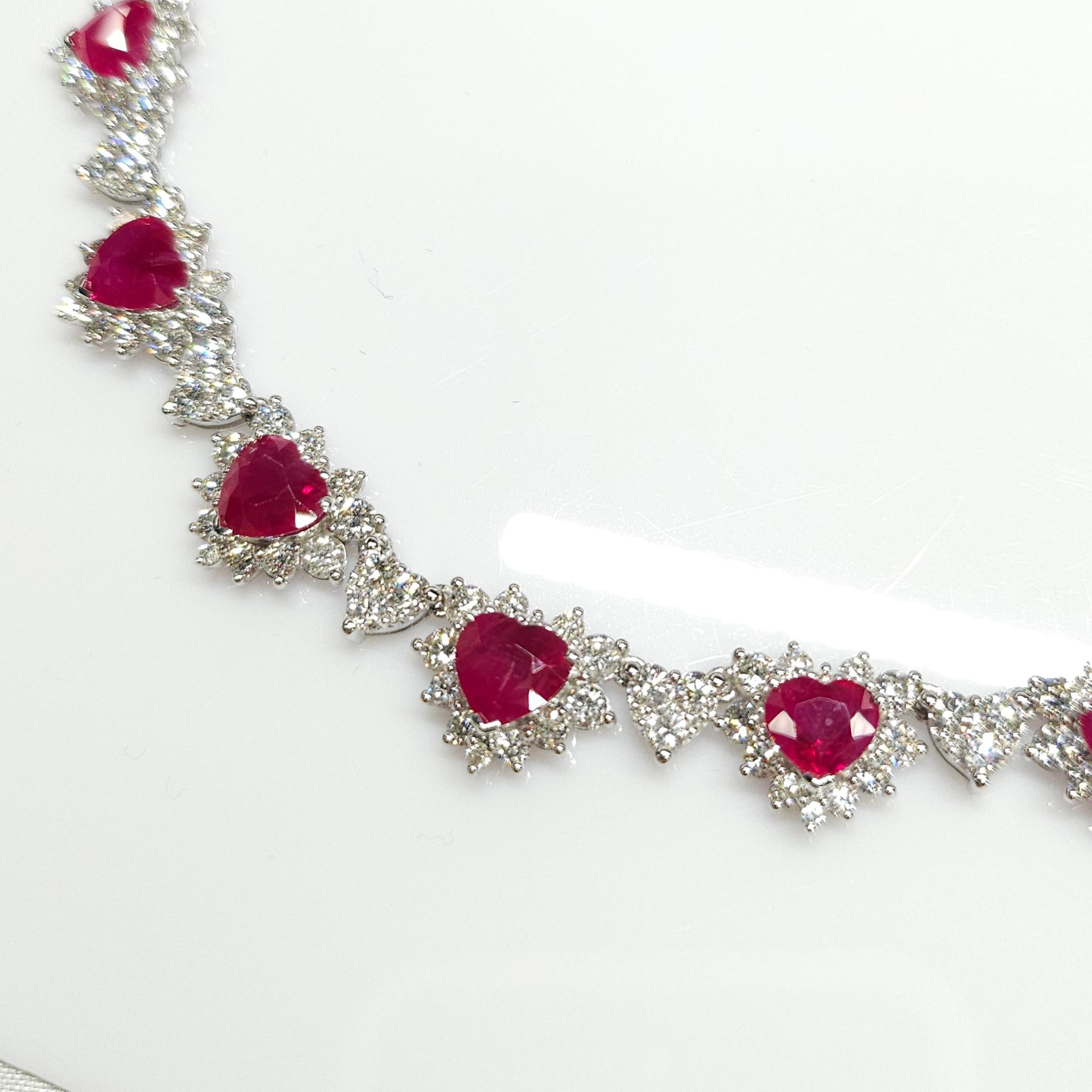 Heart Cut IGI Certified 26.58 Carat Burma Ruby & 18.85 Carat Diamond Necklace in 18K Gold For Sale