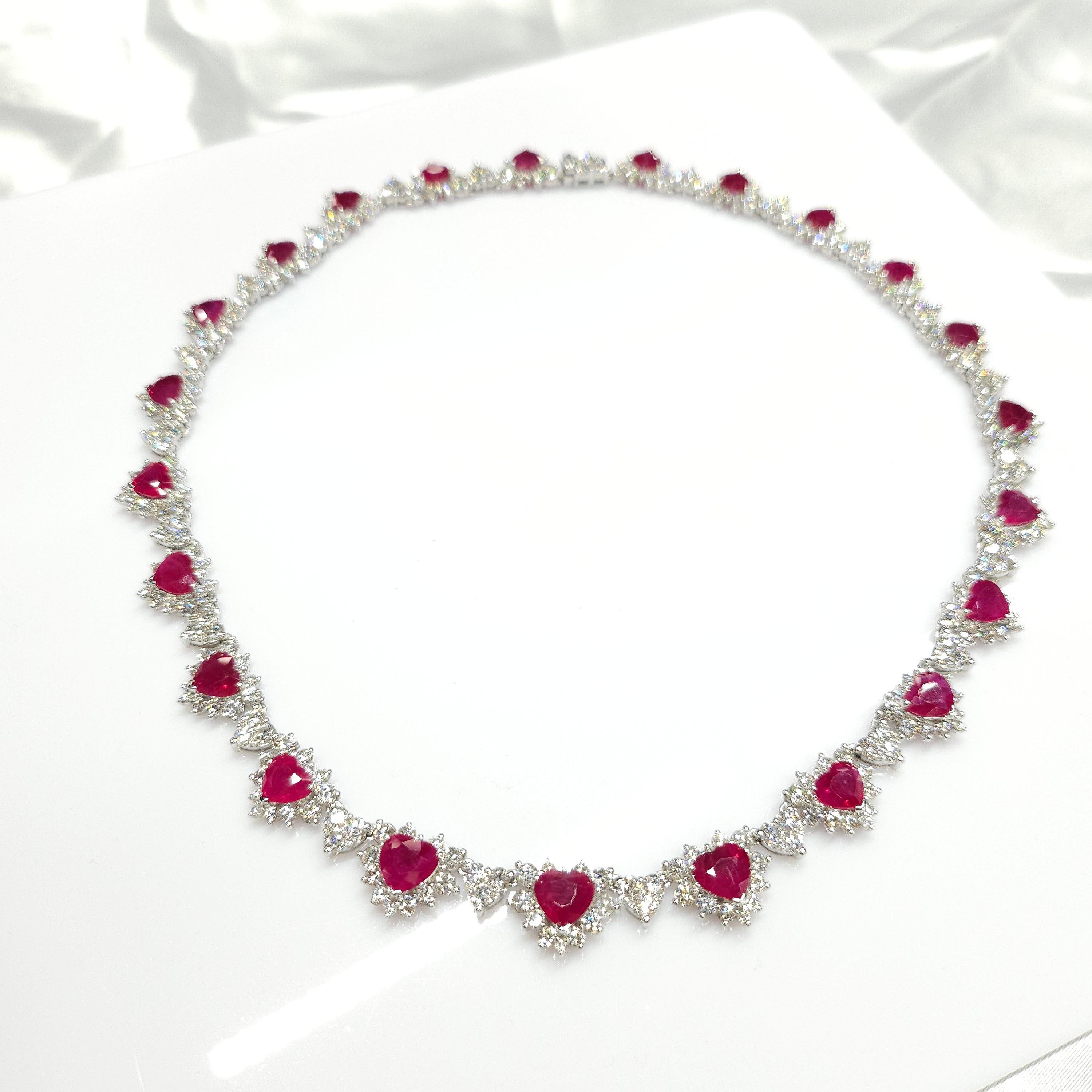 Women's IGI Certified 26.58 Carat Burma Ruby & 18.85 Carat Diamond Necklace in 18K Gold For Sale