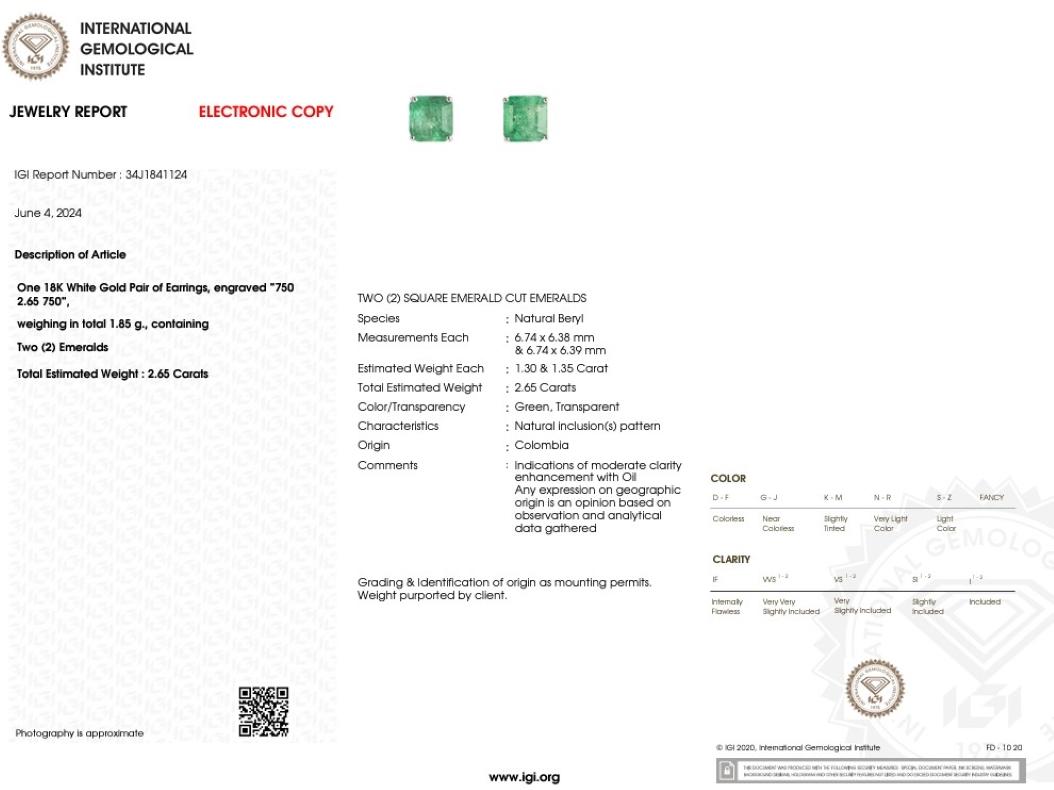 Boucles d'oreilles en or blanc 18 carats certifiées IGI et composées d'émeraudes et de diamants de Colombie de 2,65ct en vente 3