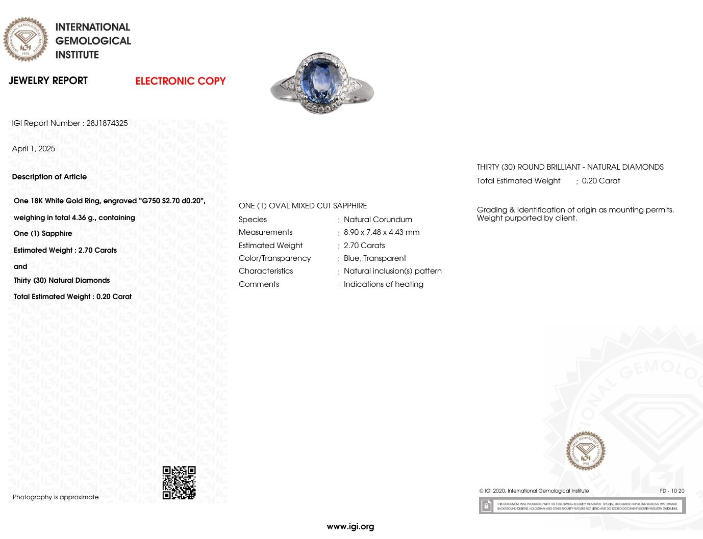 Moderne Bague en or blanc 18 carats certifiée IGI avec saphir et diamant de 2,70 carats en vente