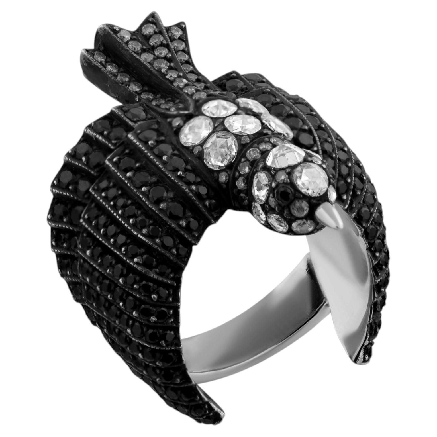 IGI Certified 2.76 Carat Diamond and Black Diamond Bird Motif Statement Ring 8K For Sale