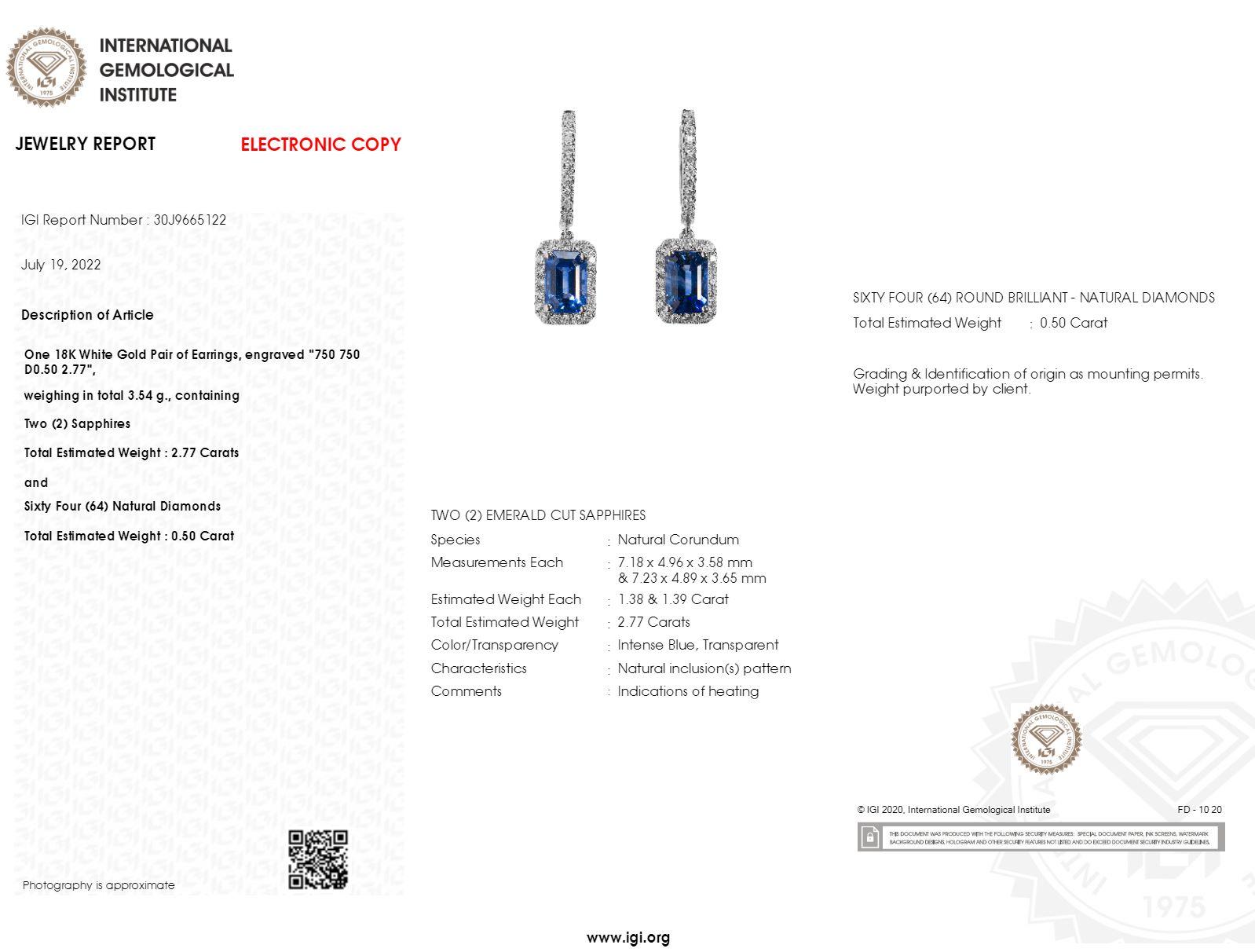 Moderne Boucles d'oreilles en or blanc 18 carats saphir et diamant certifiées IGI de 2,77 carats en vente