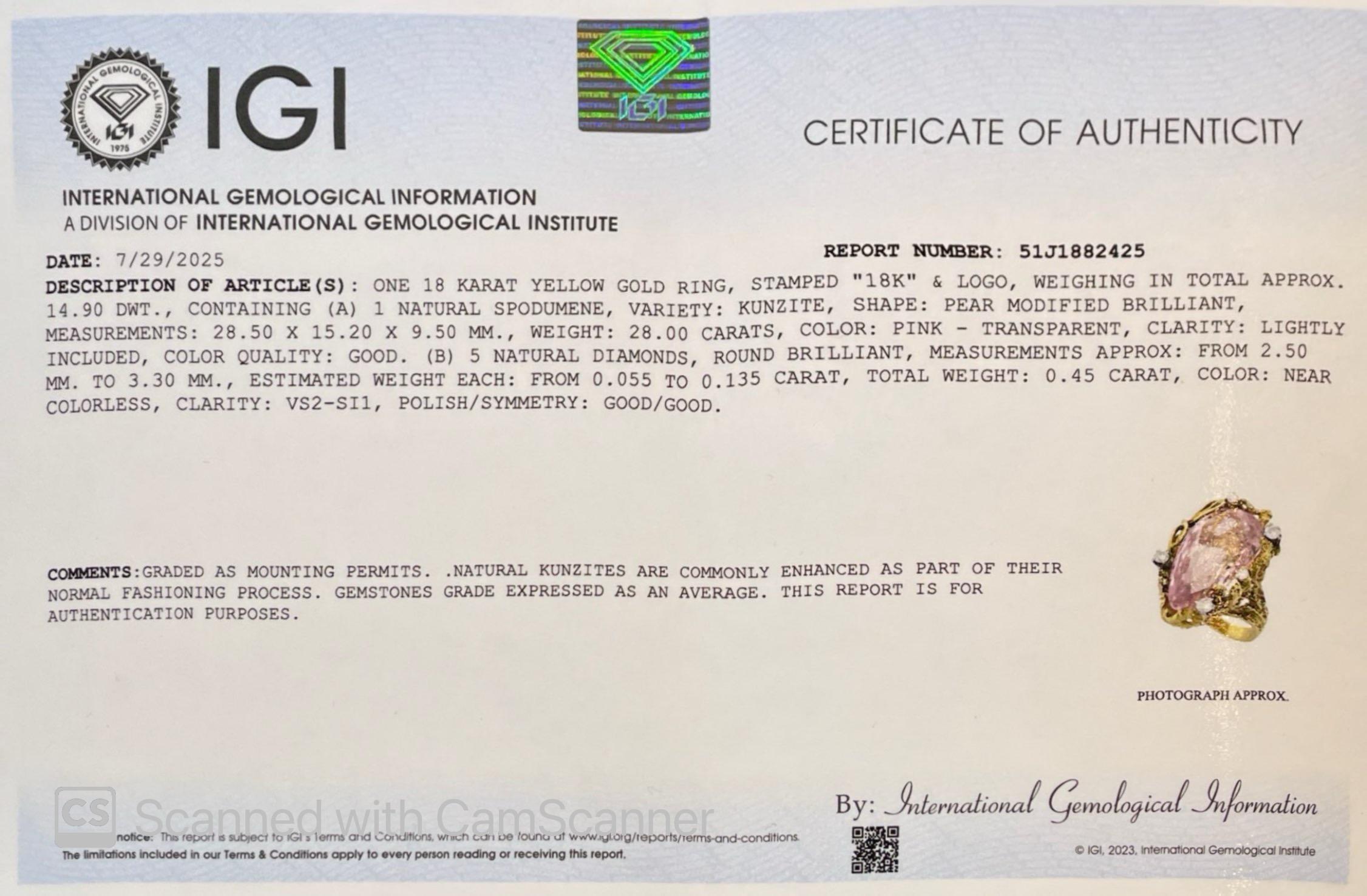 Bague en or jaune 18 carats certifiée IGI avec 28 CT de diamants en kunzite rose naturelle en vente 8
