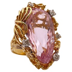 Bague en or jaune 18 carats certifiée IGI avec 28 CT de diamants en kunzite rose naturelle