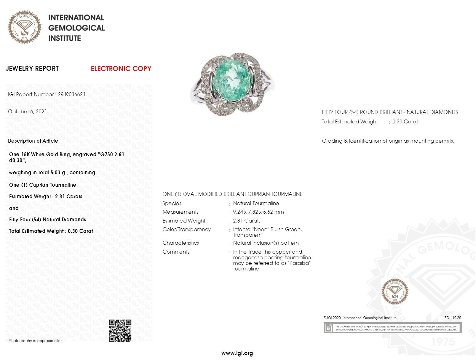 Oval Cut IGI Certified 2.81 Carat Paraiba & Diamond Ring in 18K White Gold For Sale