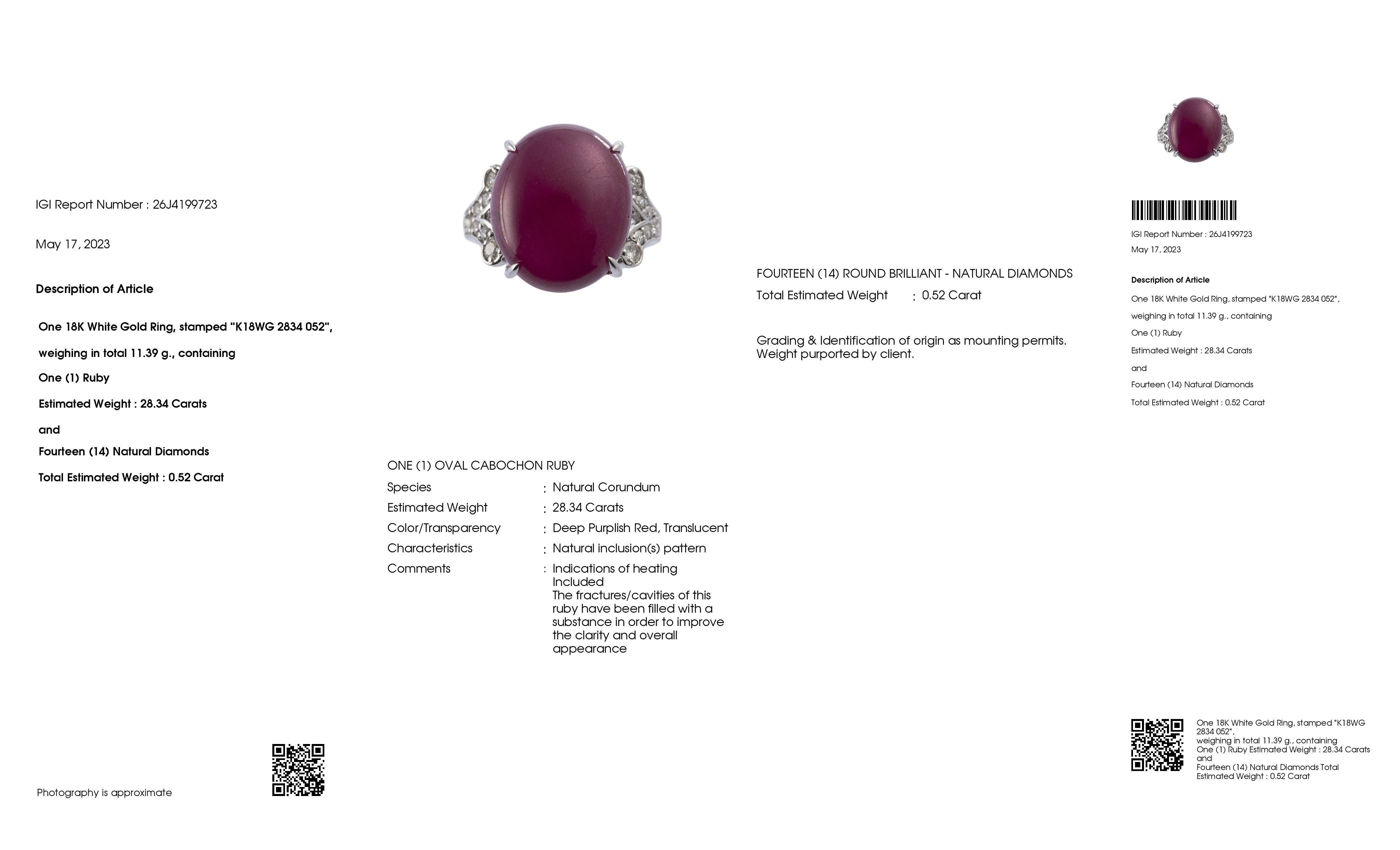 IGI Certified 28.34ct Natural Ruby 0.52ct Natural Diamonds White Gold Ring For Sale 2